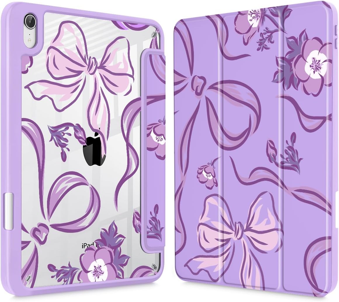 Mektron Printed Case for iPad mini 7 (A17 Pro) 2024/ Mini 6 2021, iPad mini 7th/6th Generation 8.3-inch Liquid Retina Display Cover, Buit in Pencil Holder with Clear Back Shell, Flowers-Bows-Purple