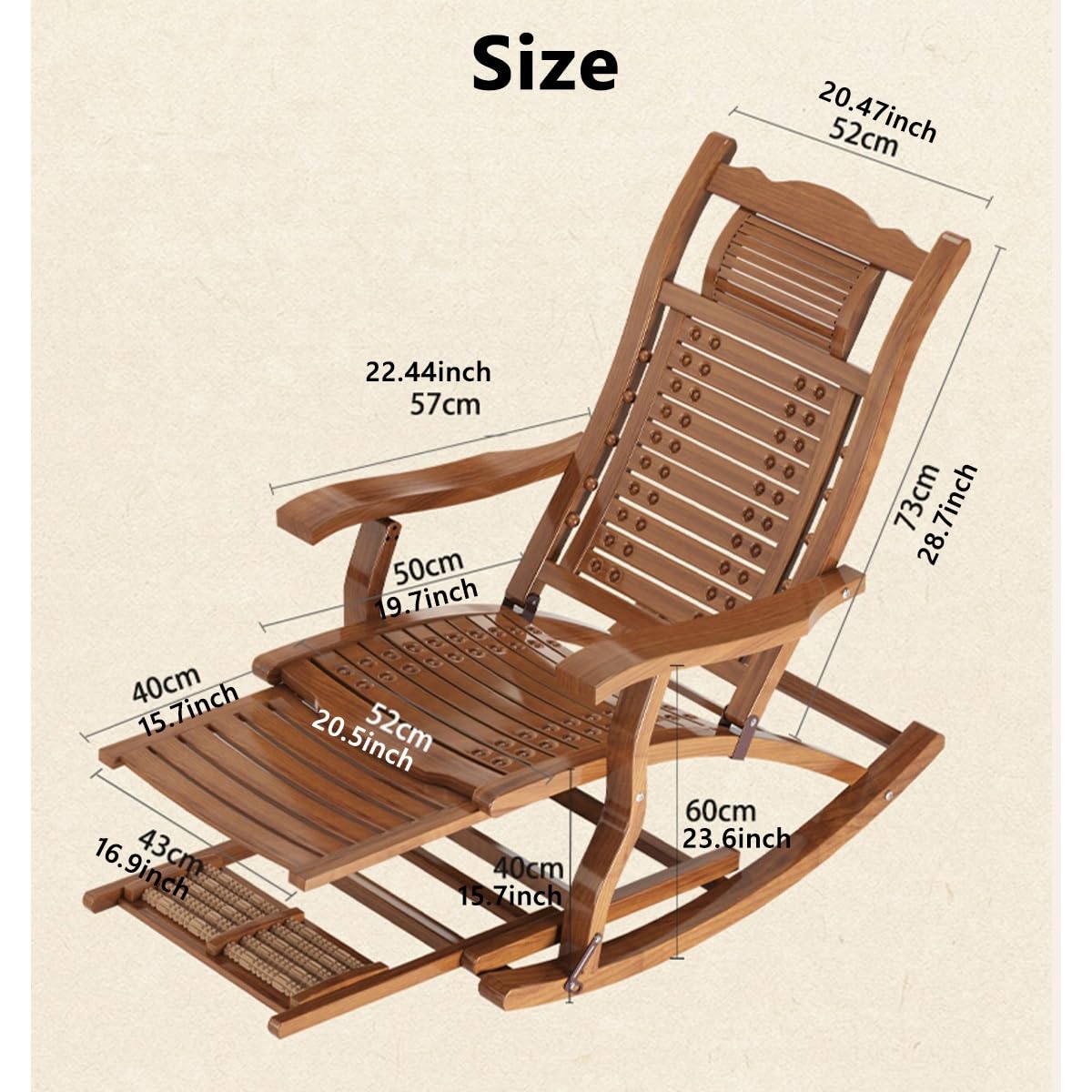 Drewniany Składany Fotel Bujany Leżaki Bujane Bambusowe Krzesło Ogrodowe Dla Osób Starszych, Krzesła Patio Podnóżek I Podłokietnik, Ergonomiczne Regulowane Oparcie (Color : Light Brown, Size : Walnu