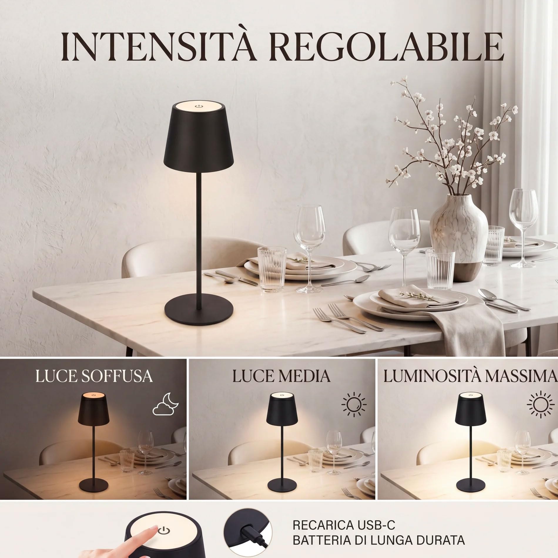081 Store - 2 PEZZI LAMPADA DA TAVOLO SENZA FILI RICARICABILE, LAMPADA DA TAVOLO LED DIMMERABILE E CON 3 TONALITà DI LUCE, DIMMERABILE 3000-65000K ED IMPERMEABILE IP54