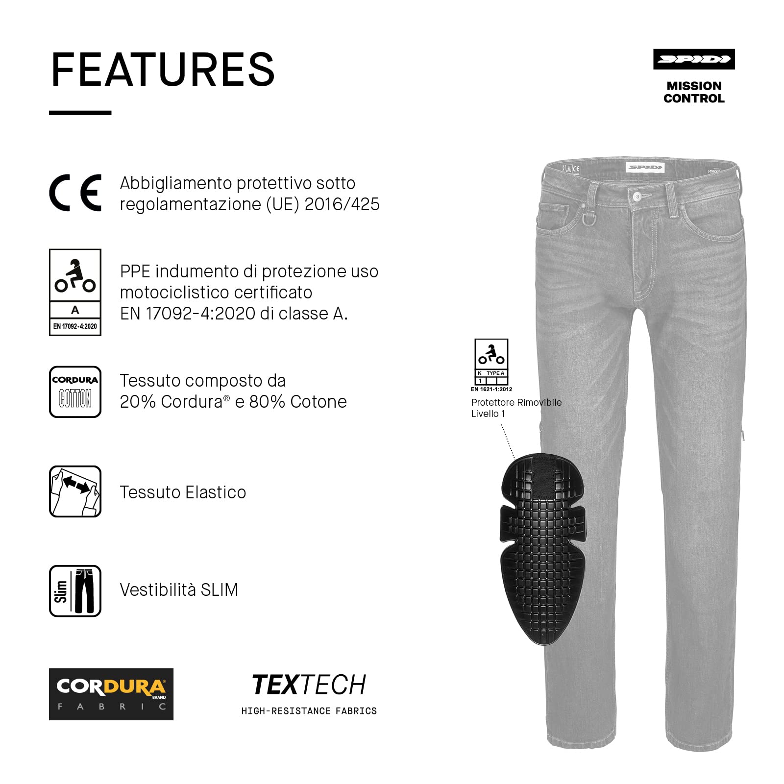 SPIDI, J-Tracker, Pantaloni Moto Uomo con Protezioni, Vestibilità Slim, Jeans Moto Pratici ed Elasticizzati