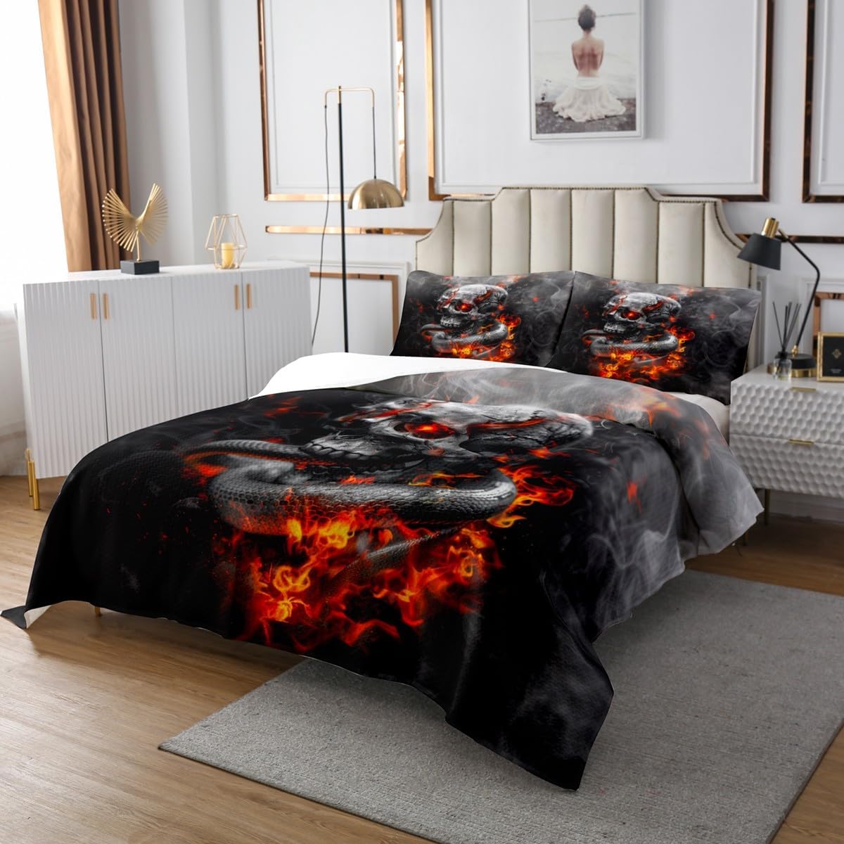 Trippy Sugar Skull Bedspread Twin Size,Flame Snake Bedding Set 2Pcs for Kids Girls Boys Teens Room Decor,Grey White Foggy Print Comforter Set Cool Wild Animals Quilt Coverlet,1 Pillowcase