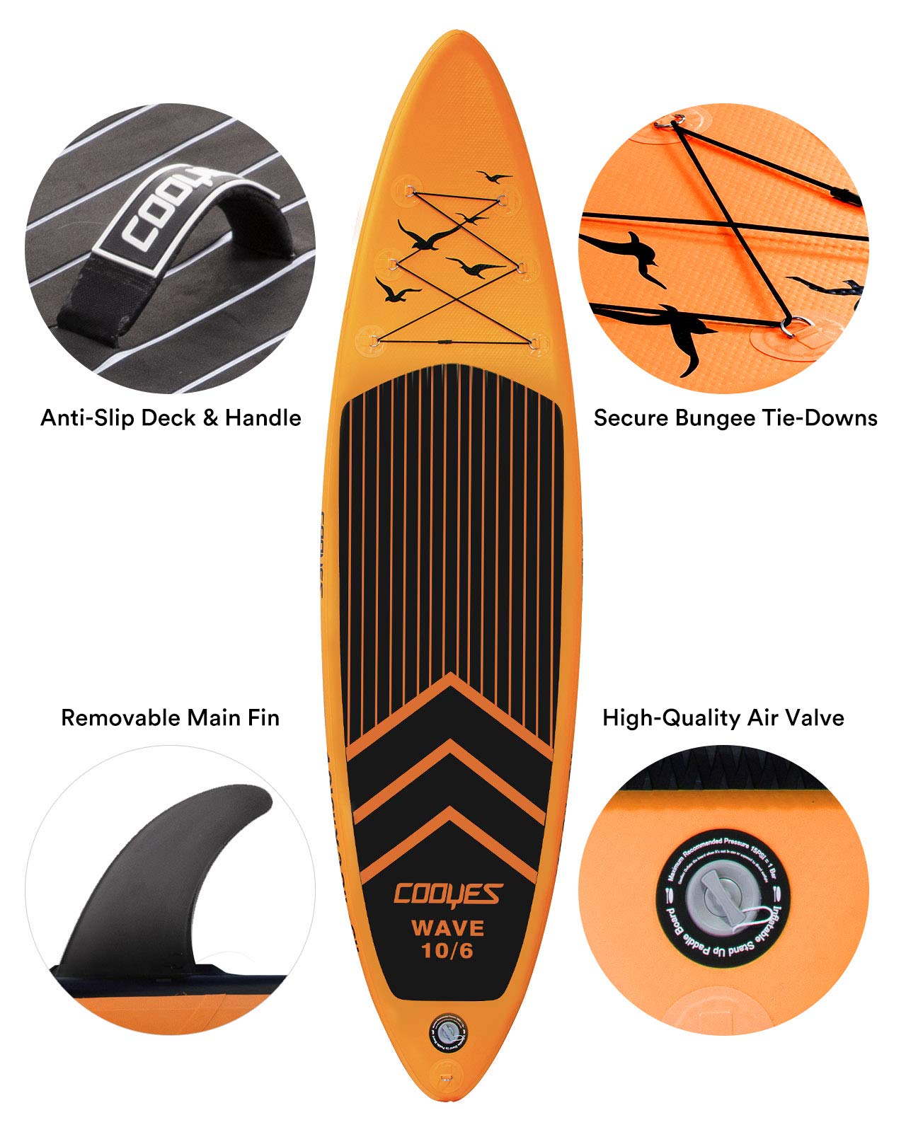 Cooyes Inflatable Stand Up Paddle Board 10'6" with Free Premium SUP Accessories & Backpack, Non-Slip Deck. Bonus Waterproof Bag, Leash, Paddle and Hand Pump