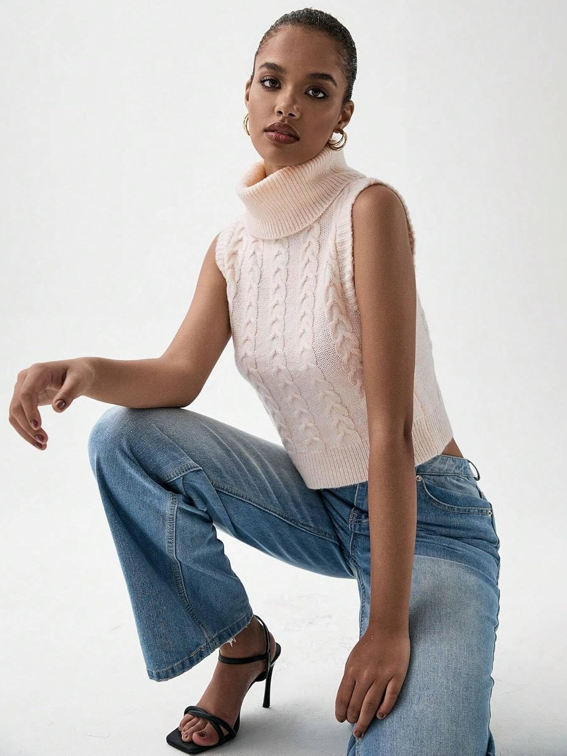 Women Fall Trendy Solid Color High Neck Sleeveless Crop Sweater Vest Sweater Vest Top
