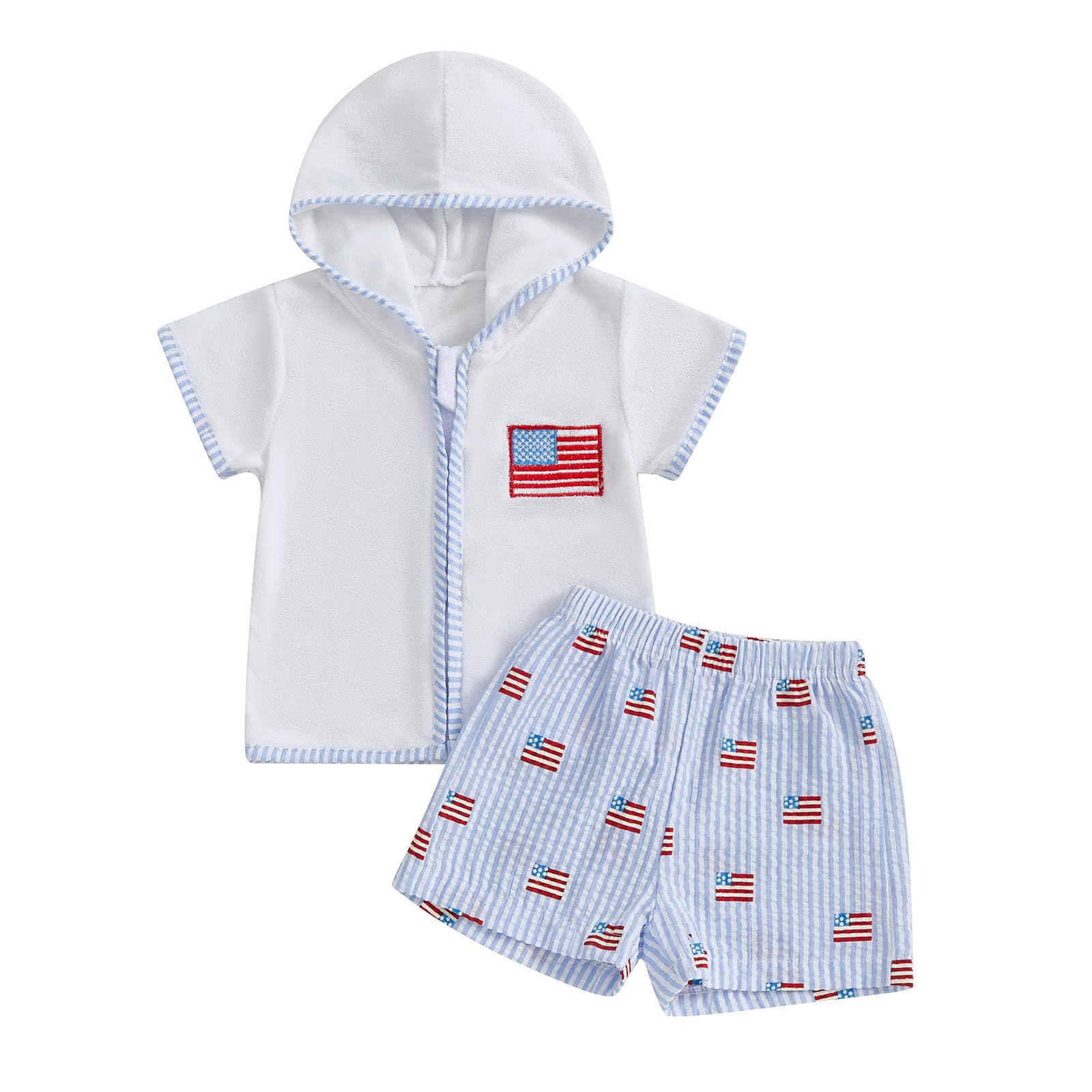 Kids Boy Girl 4th of July Swim Cover Up USA Zipper Hooded Tops American Flag Swim Trunk Beach Bathing Suit (Sky Blue, 2-3 Years)