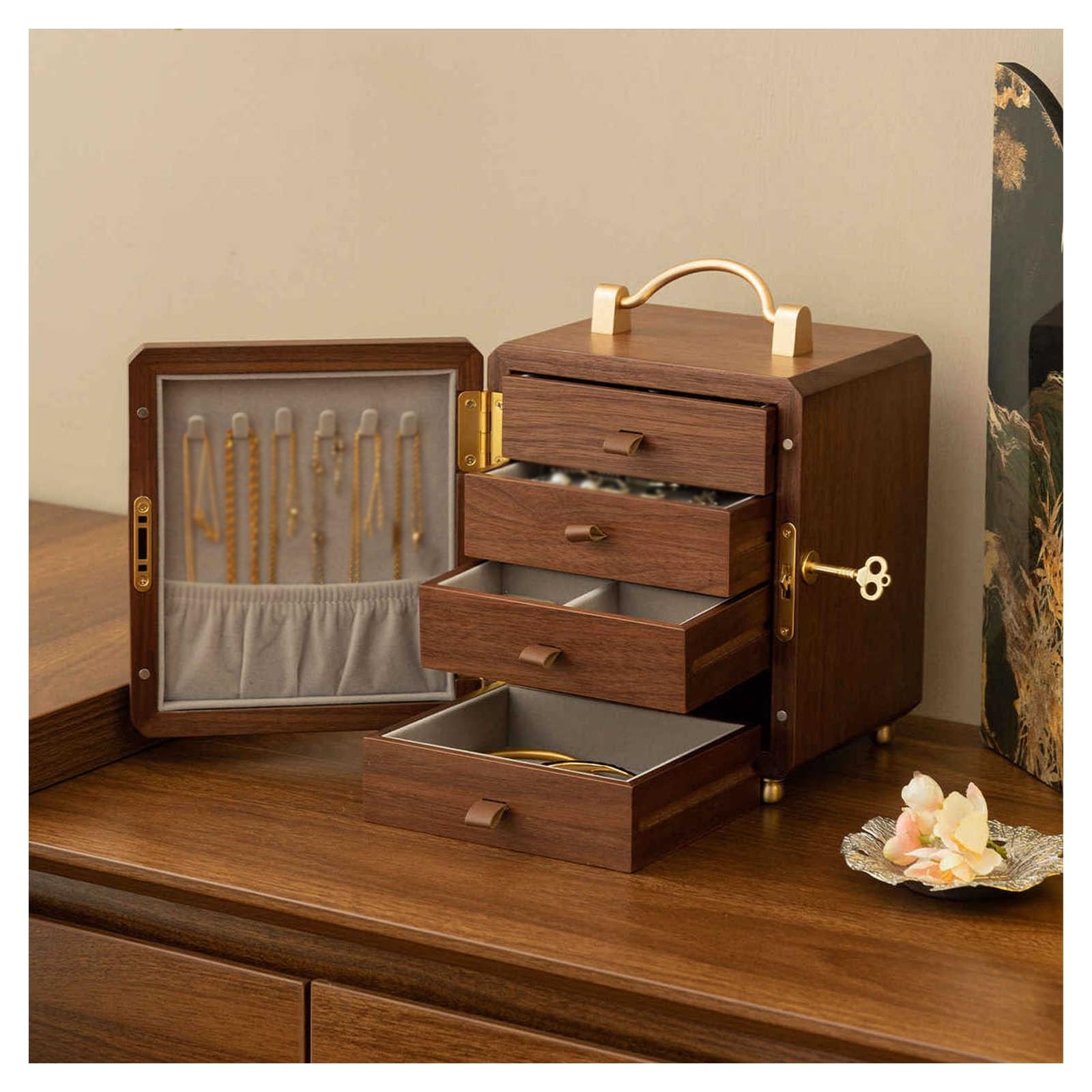 Pudełko na biżuterię z 4 szufladami, zamykany, drewniany organizer do przechowywania pierścionków, kolczyków, bransoletek, aksamitnych przegródek, vintage design na akcesoria kosmetyczne