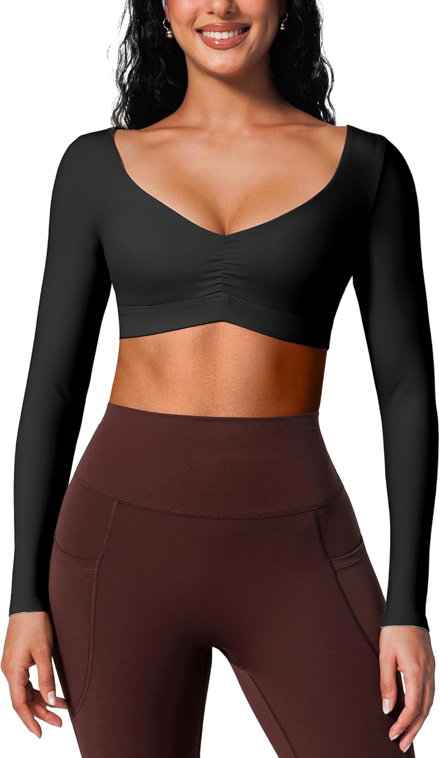 BRXL Long Sleeve Workout Crop Top for Women Built in Bra Gym Athletic Tops Deep V Neck Ruched Padded Dance Sexy Shirts
