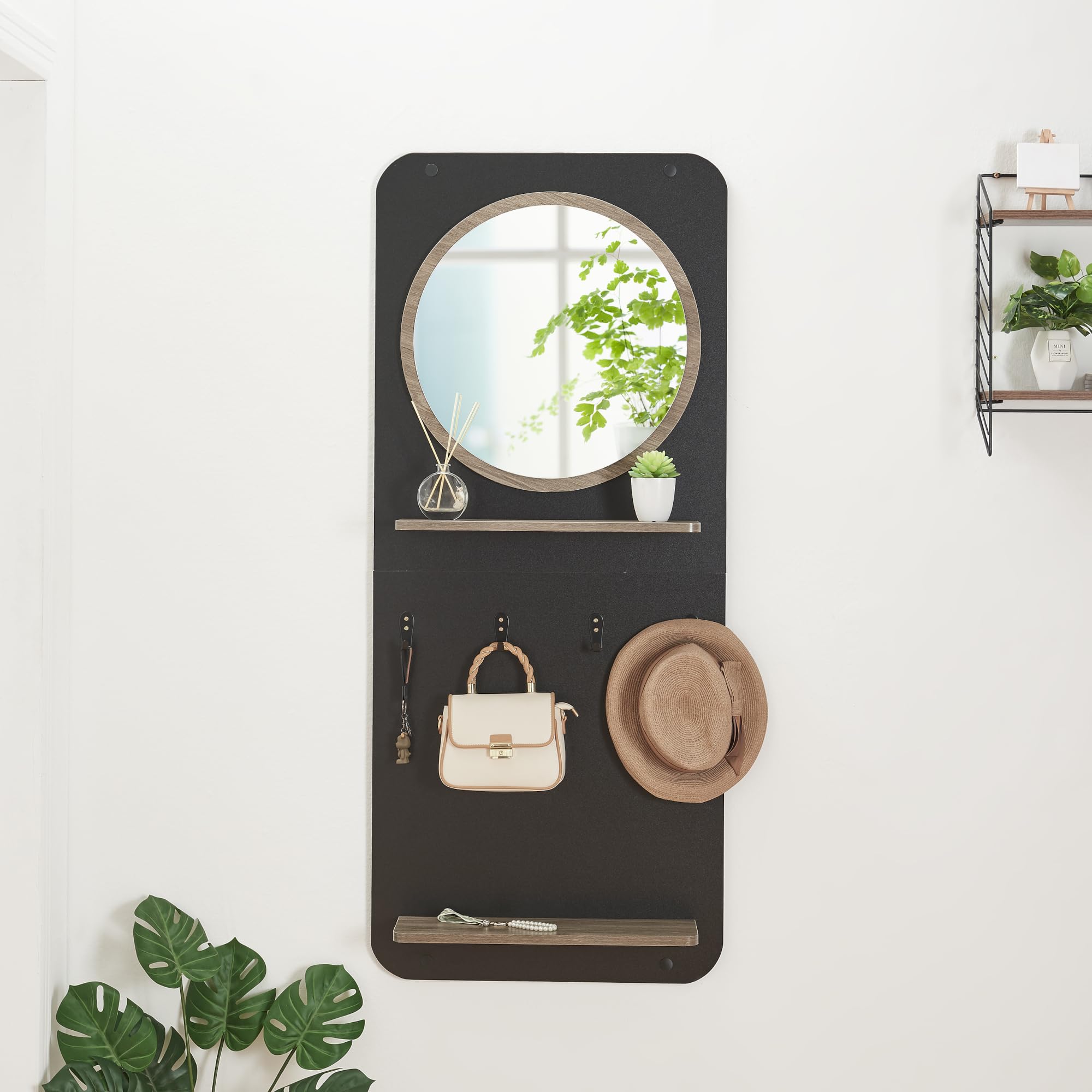 [en.casa] Perchero Panel Helsinge con Espejo Perchero de Pared con 4 Ganchos y 2 Estantes para Entrada Pasillo Oficina Aglomerado Metal 140x60x16 cm - Negro Mate