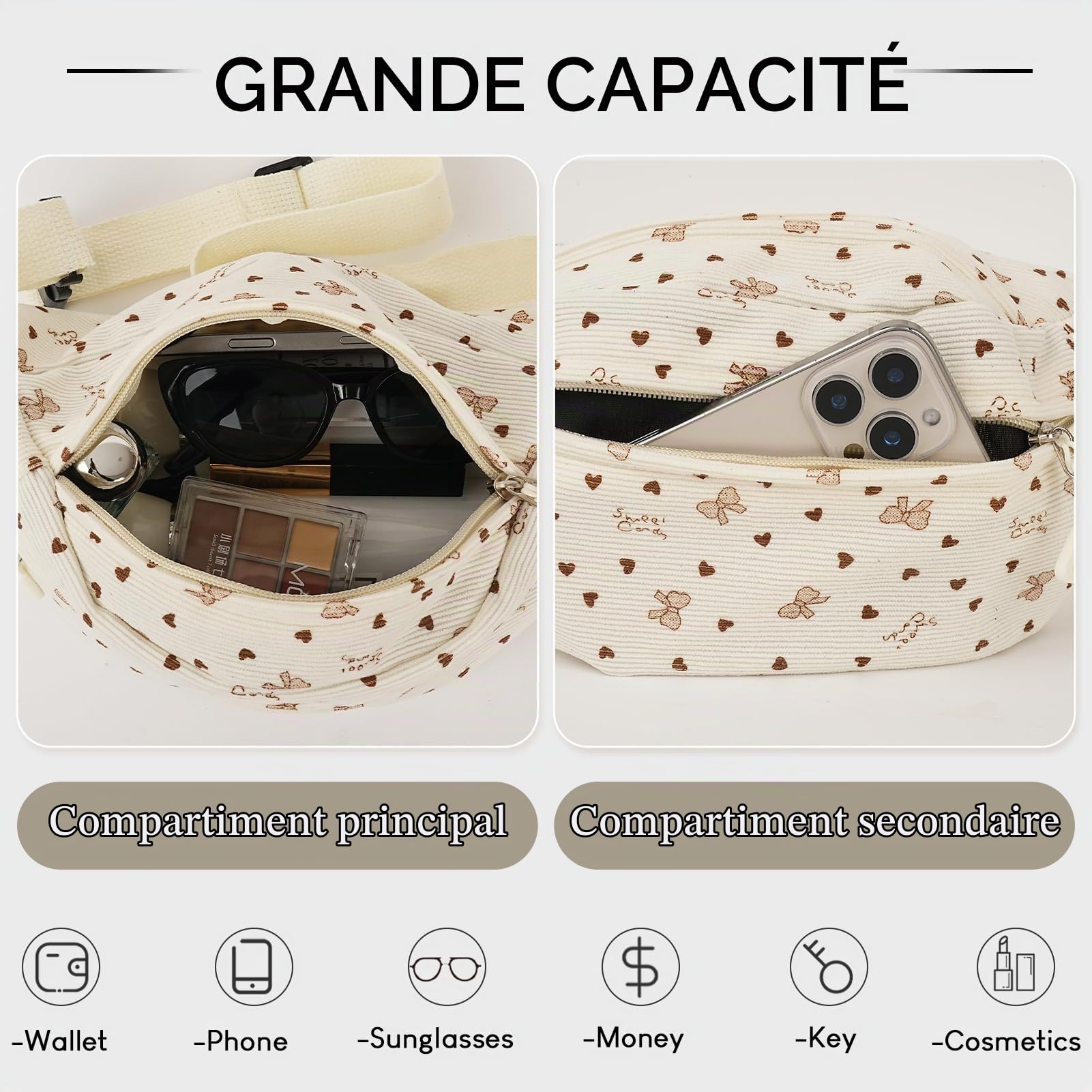 Sac Banane Velours Côtelé Femme Sport Sac Ceinture Velours Côtelé Petit Sac Banane avec Imprimé Nœud Sac Bandoulière Femme pour Extérieur Sport Voyage Blanc