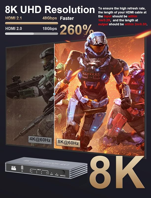 Comutator HDMI 4 în 1 Rytaki din aluminiu, 8K 60 Hz, 4K 240 Hz, HDMI 2.1, HDR, HDCP 2.3, CEC, telecomandă, pentru TV, PS5, PS4, Xbox, Nintendo Switch, PC
