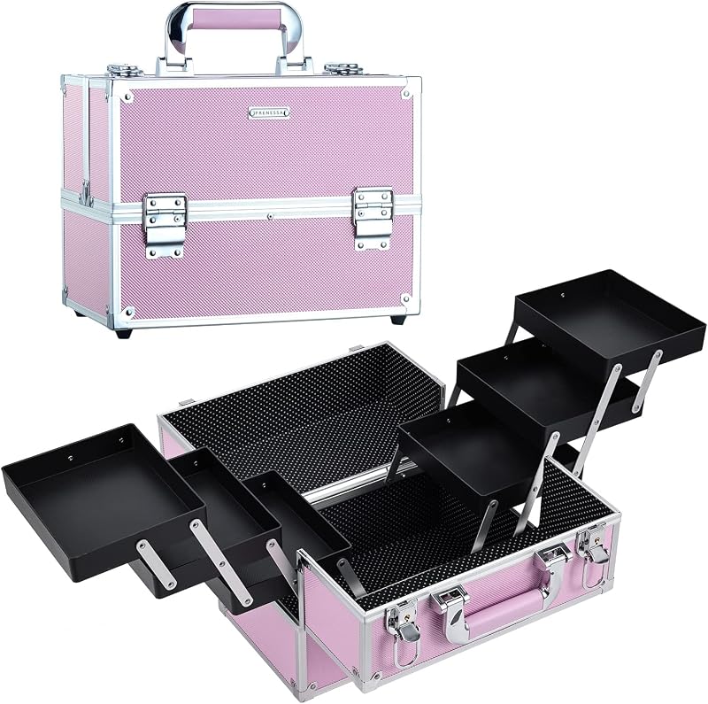 Makeup Train Case Large Portable Cosmetic Case - 6 Tier Trays Professional Makeup Storage Organizer Box Make Up Carrier with Lockable keys - Pink