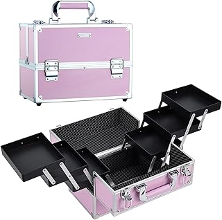Makeup Train Case Large Portable Cosmetic Case - 6 Tier Trays Professional Makeup Storage Organizer Box Make Up Carrier with Lockable keys - Pink