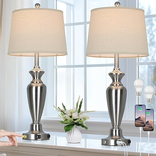 30" Tall Silver Table Lamps Set of 2 for Living Room, 3-Way Dimmable Touch Control Bedside Lamps for Bedroom Nightstand with USB A+C Ports & AC