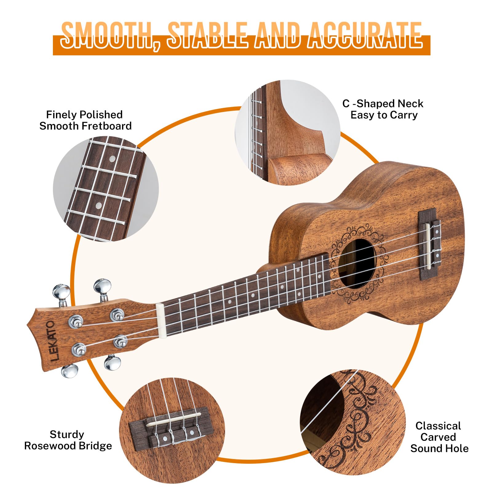 LEKATO Soprano Ukulele Sapeli Kit de démarrage pour ukulélé 21 pouces avec sac de transport/accordeur/sangle/médiators/corde, ensemble de ukulélé guitare 4 cordes Hawaii pour débutants, cadeau musical