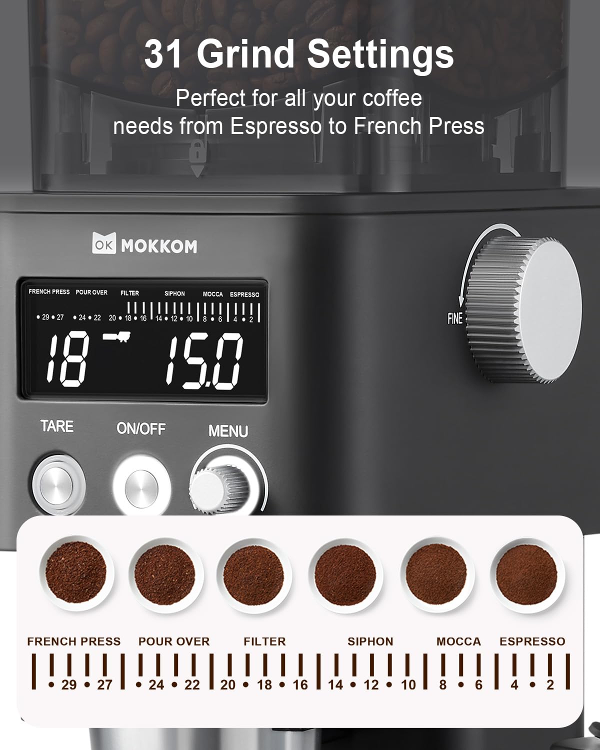 MOKKOM - Molinillo de café con báscula de café extraíble a través de conectividad Bluetooth, molino cónico antiestático, 31 ajustes precisos para expreso, goteo, vertido, cerveza fría, prensa francesa