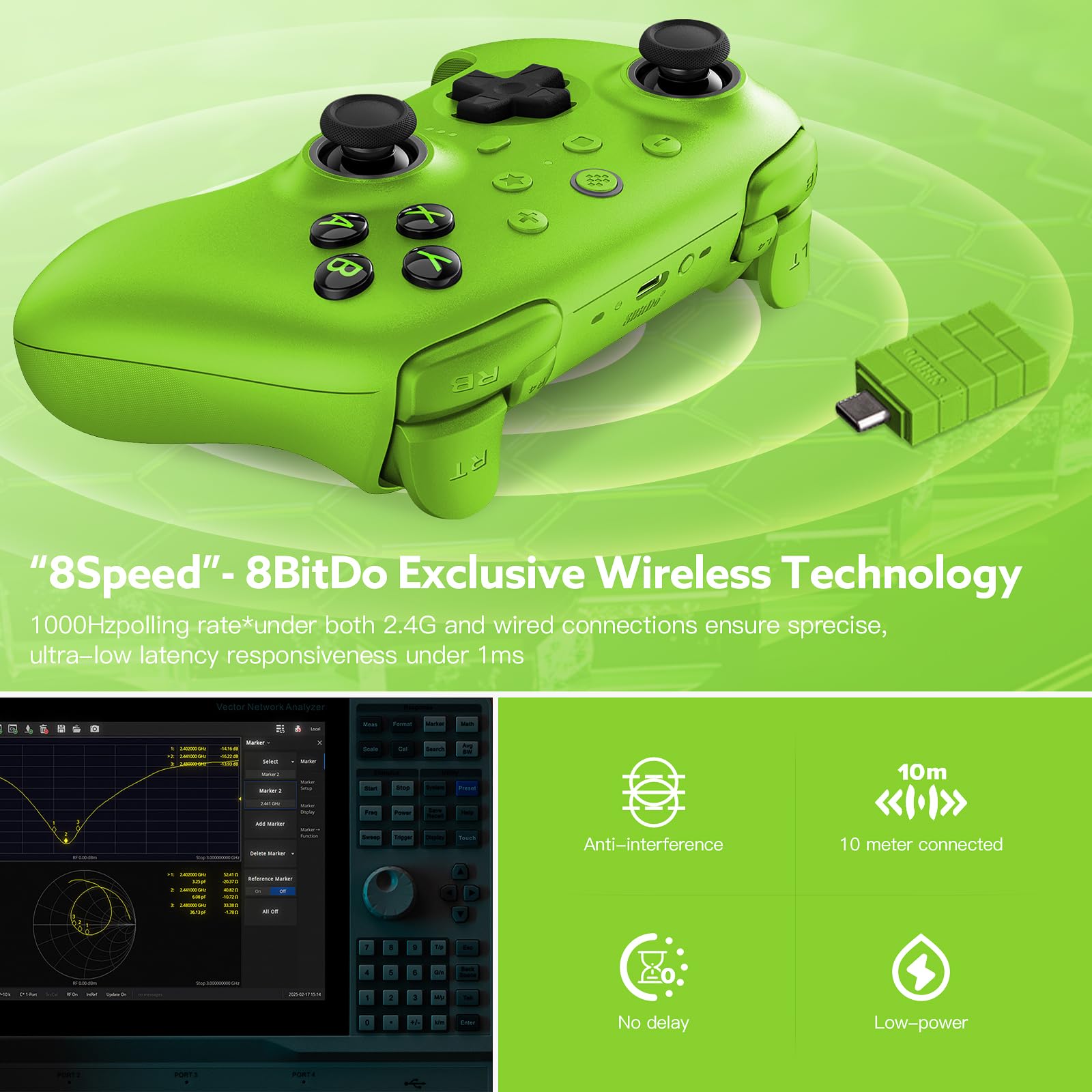 8Bitdo Ultimate 2 Wireless Controller für PC Android Apple Steam, TMR Joystick, 2.4G Gamepad mit Ladestation (GREEN)