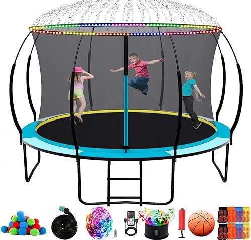 Yoluckea Tranpoline de 10, 12, 14, 16 pies con aspersor, luces, bola de agua, calcetines, tranpolina exterior de 1500 libras para niños y adultos,