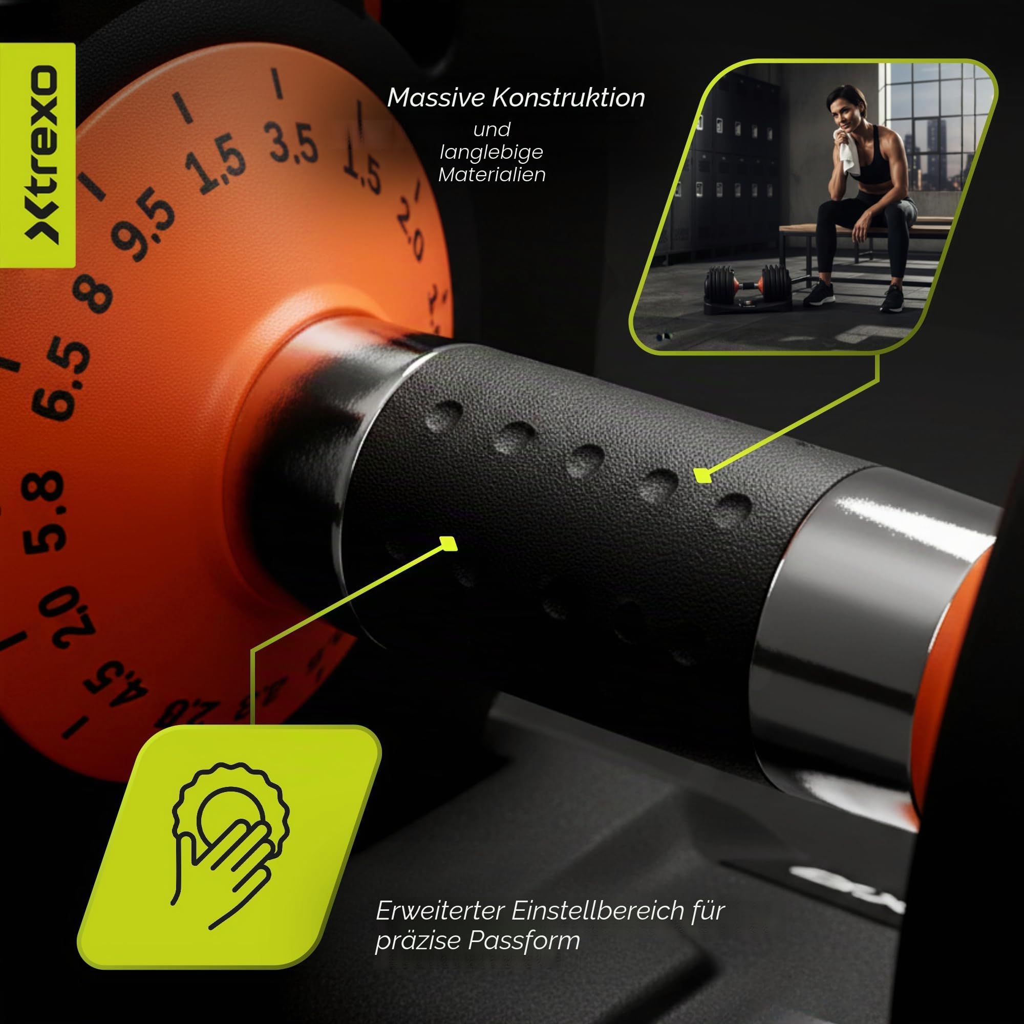 Schnelle Gewichtsanpassung im Griff – Trexo EVO Verstellbare Kurzhantel – Stahlzahnrad & rutschfester Chromgriff – 24 kg Set mit Ablage – für Krafttraining im Home Gym