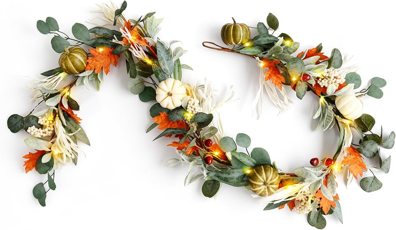 YuQi 6ft Lighted Fall Garland with Timer - Autumn Garland for Mantle