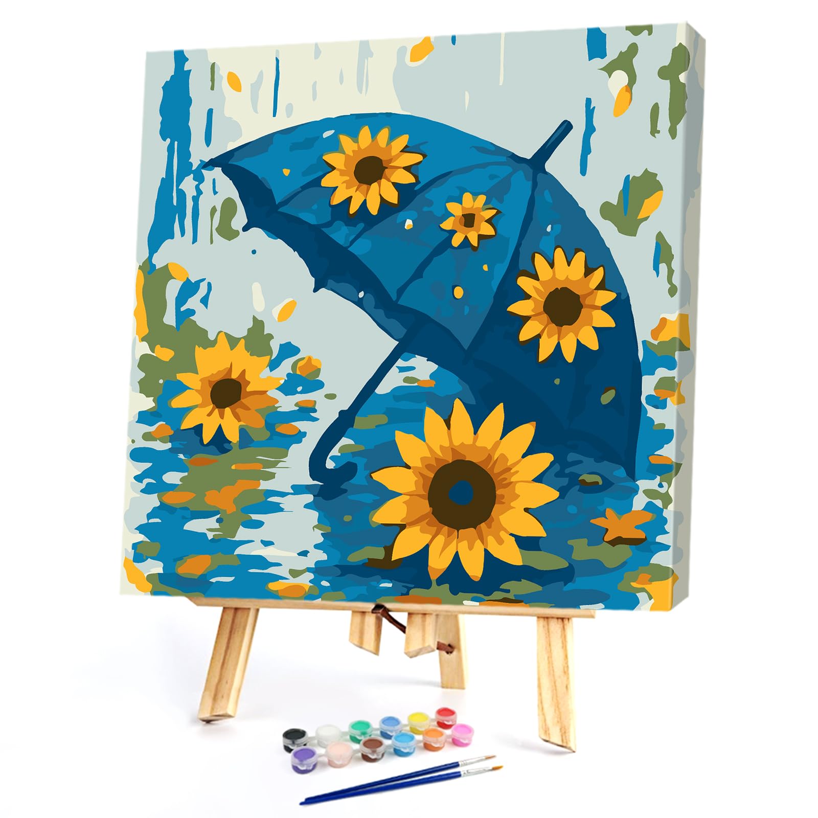 POETRYDRAW Umbrella DIY Paint By Numbers Kit on Canvas 20x20cm with Frame Paint by Numbers Kits Drawing Paintwork for Beginners Adults Gift Home Wall Decor (Sunflower Under Umbrella)