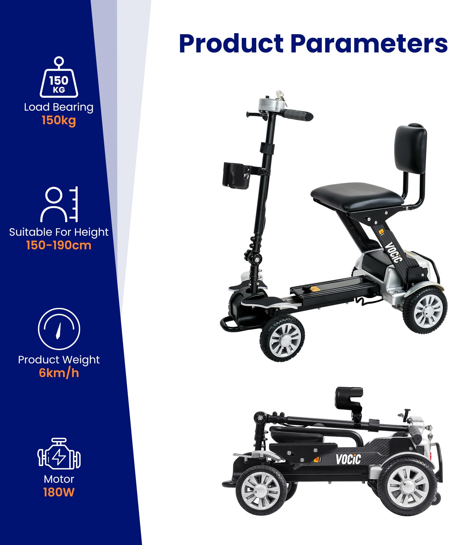 VOCIC D71 Scooter de movilidad para mayores de carbono plegable 21 kg | Marco ajustable, soporta hasta 150 kg, hasta 20 km de autonomía y apto para viajar en avión (plata)