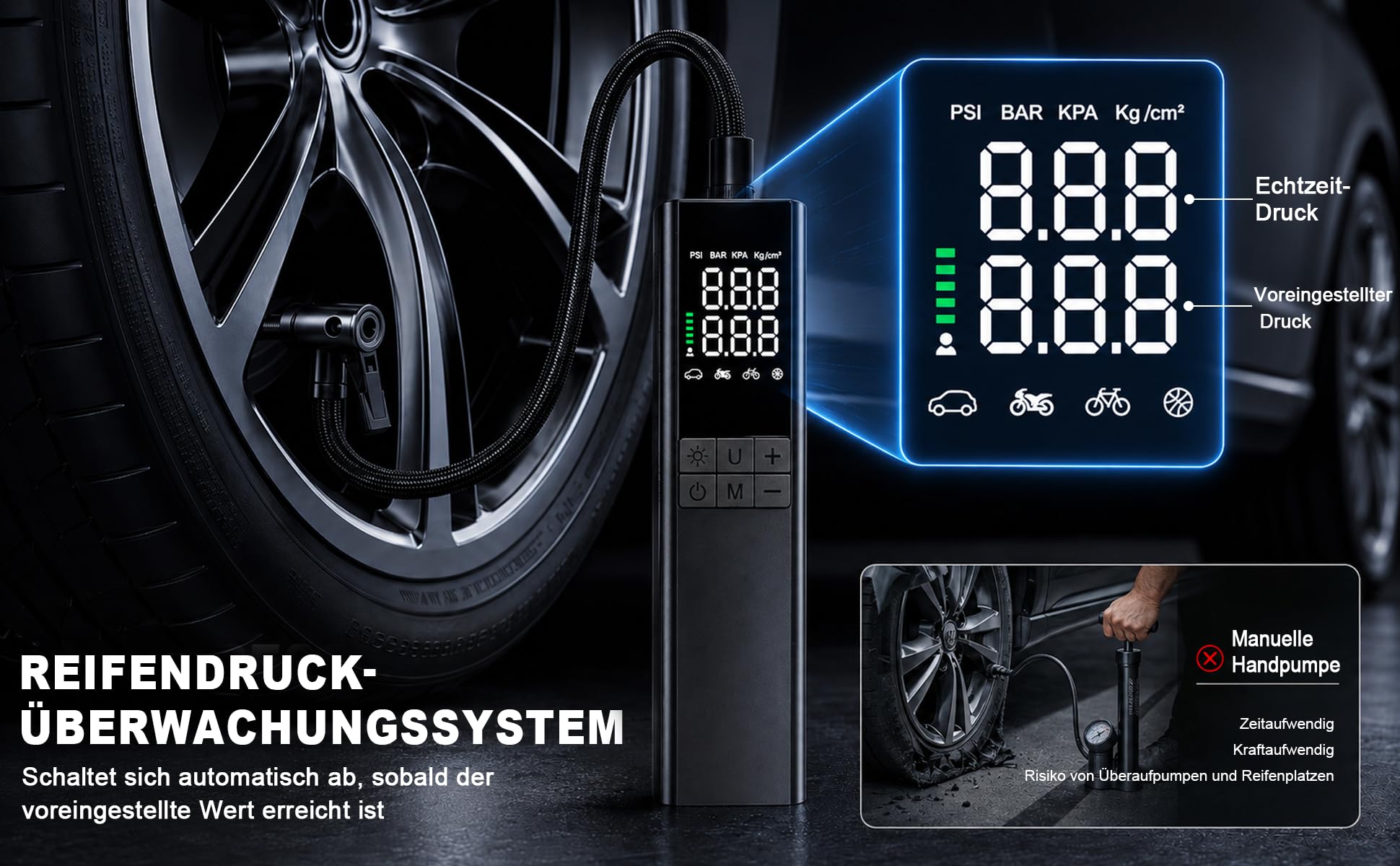 Bomba de aire eléctrica 150PSI con autostop – Compresor de batería EPERSU portátil, preajuste preciso de presión bomba de bicicleta para coche, moto, bicicleta eléctrica, scooter eléctrico y pelotas