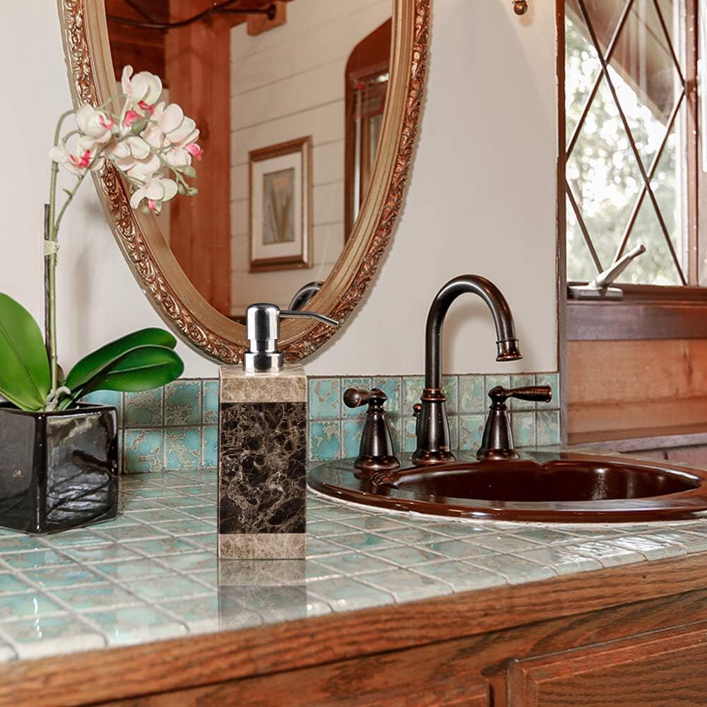 Hand Liquid&Lotion Soap Dispenser Pump Bottle Natural Marble for Kitchen Bathroom Countertop Laundry Room Holds Dish Soap Shampoo Laundry Liquid Shower Gel(Coffee Colour)