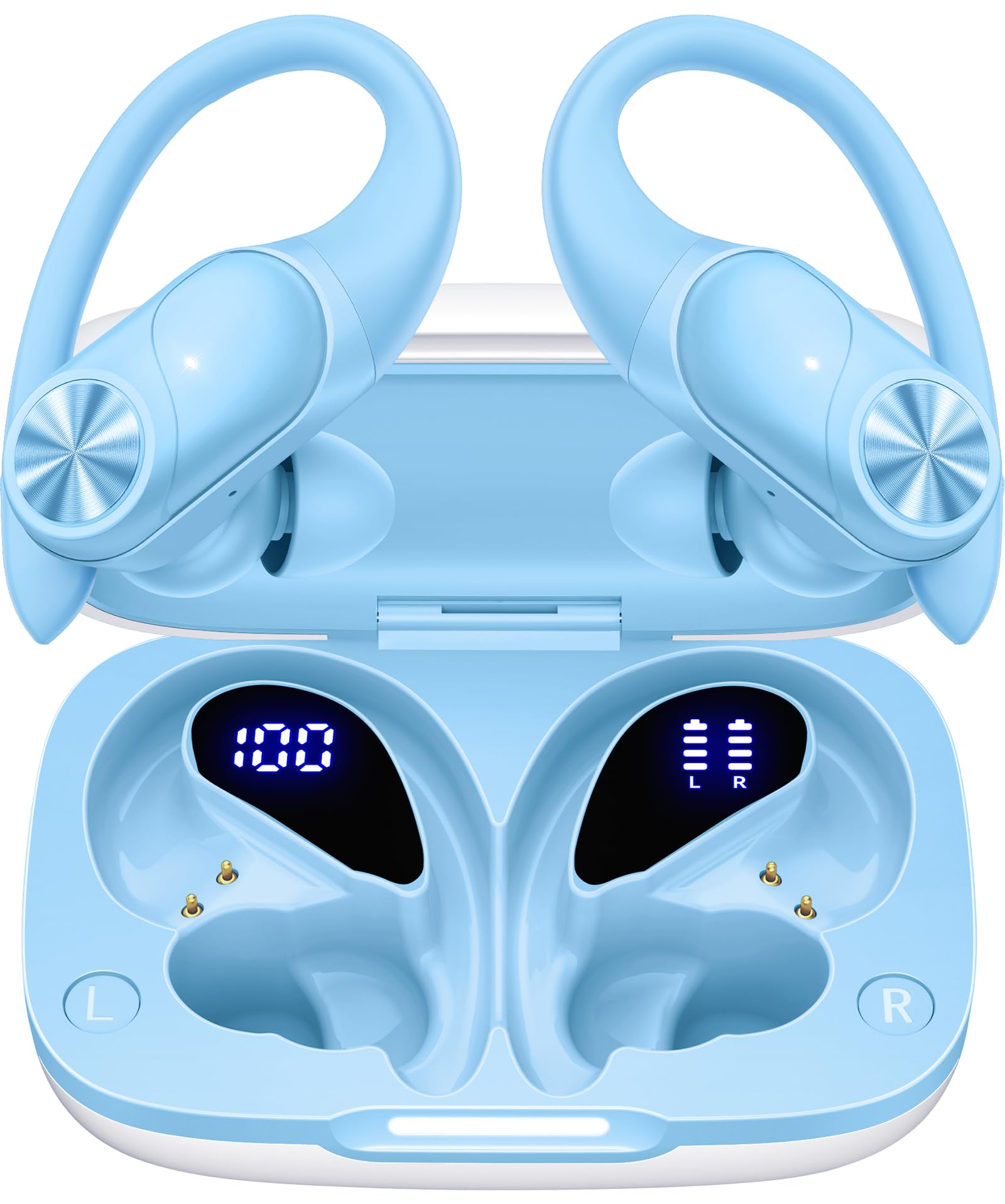 PocBuds Bluetooth Headphones Wireless Earbuds 80hrs Playtime Wireless Charging Case Digital Display Sports Ear Buds with Earhook Deep Bass IPX7 Waterproof Over-Ear Earphones for TV Phone Laptop Blue