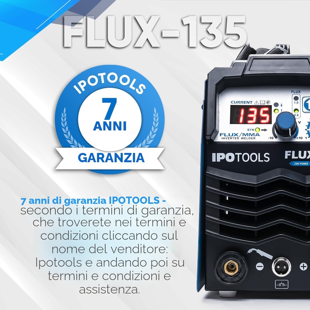 IPOTOOLS FLUX-135 - Saldatrice a filo di riempimento, senza gas, 135 A, senza gas, per saldatrice, filo di riempimento 0,8 mm o 1,0 mm, con MMA/IGBT/230 V