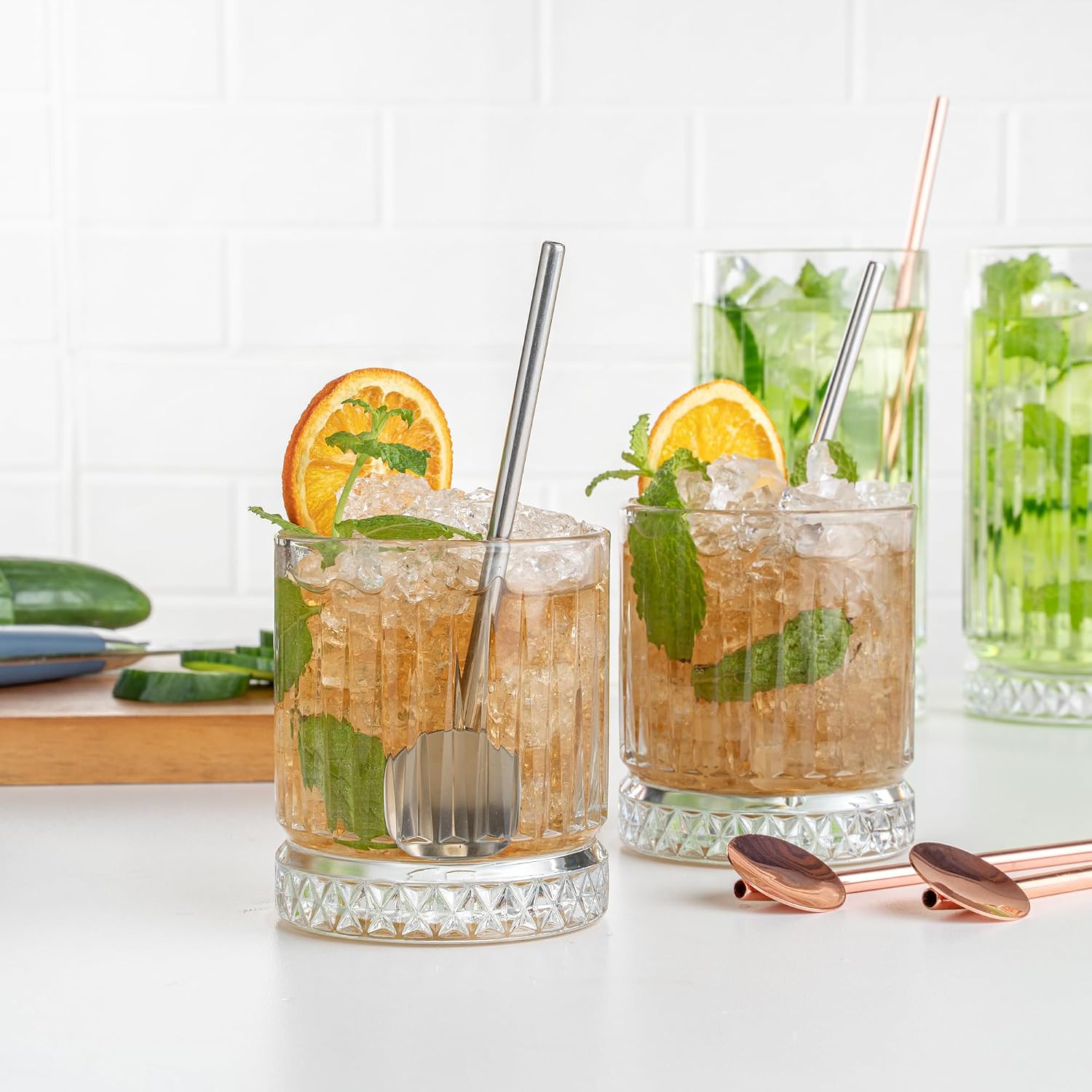 Restaurantware-Bar Lux 5 Inch Spoon Straws, 2 Food-Grade Reusable Cocktail Straws - Built-In Spoon, Dishwashable, Stainless Steel Cocktail Spoons, For Drinking And Stirring,