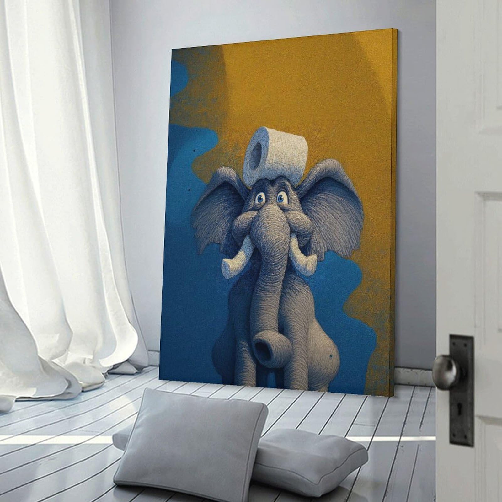 Junmoney Elephant with Toilet Paper on Head Decorative Wall Artwork, 24x36inch(60x90cm), for Corridors, Hallways Or Apartment Entries, Home Artwork for First Impressions