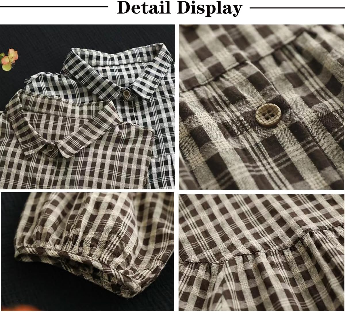 Korean Style Summer Shirt Women's Retro Cotton Linen Checkered Shirt Women's Loose Casual Short Sleeved top - Image 3