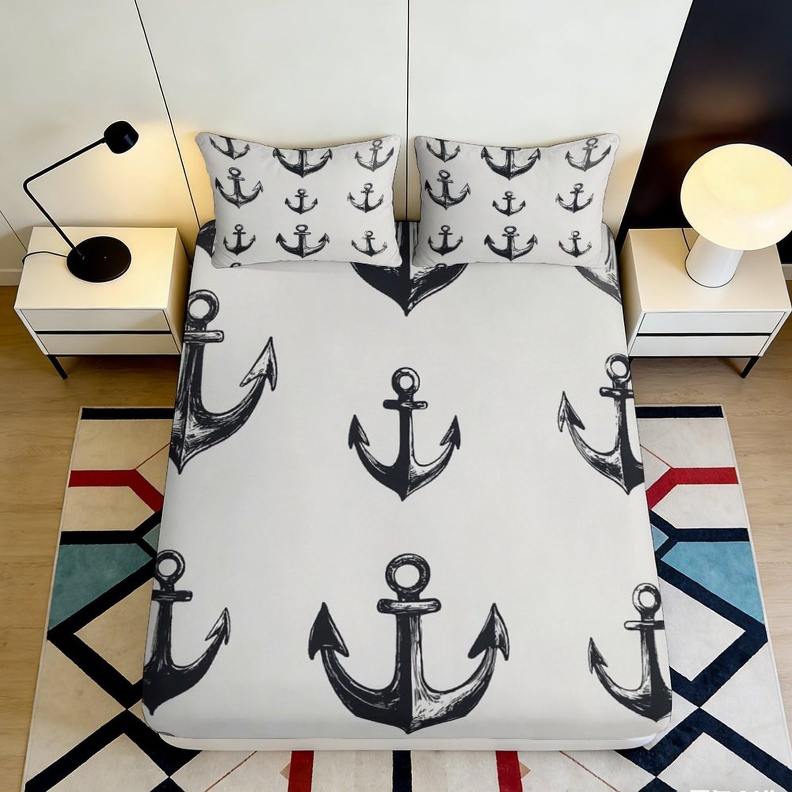 Jqzkxnhpbr Style-9 3D Printed Nautical Anchor Fitted Sheet Microfiber Soft Anti-Slip Ocean Stripe Bed Cover For Bedroom Dorm Decor 90X200x25cm
