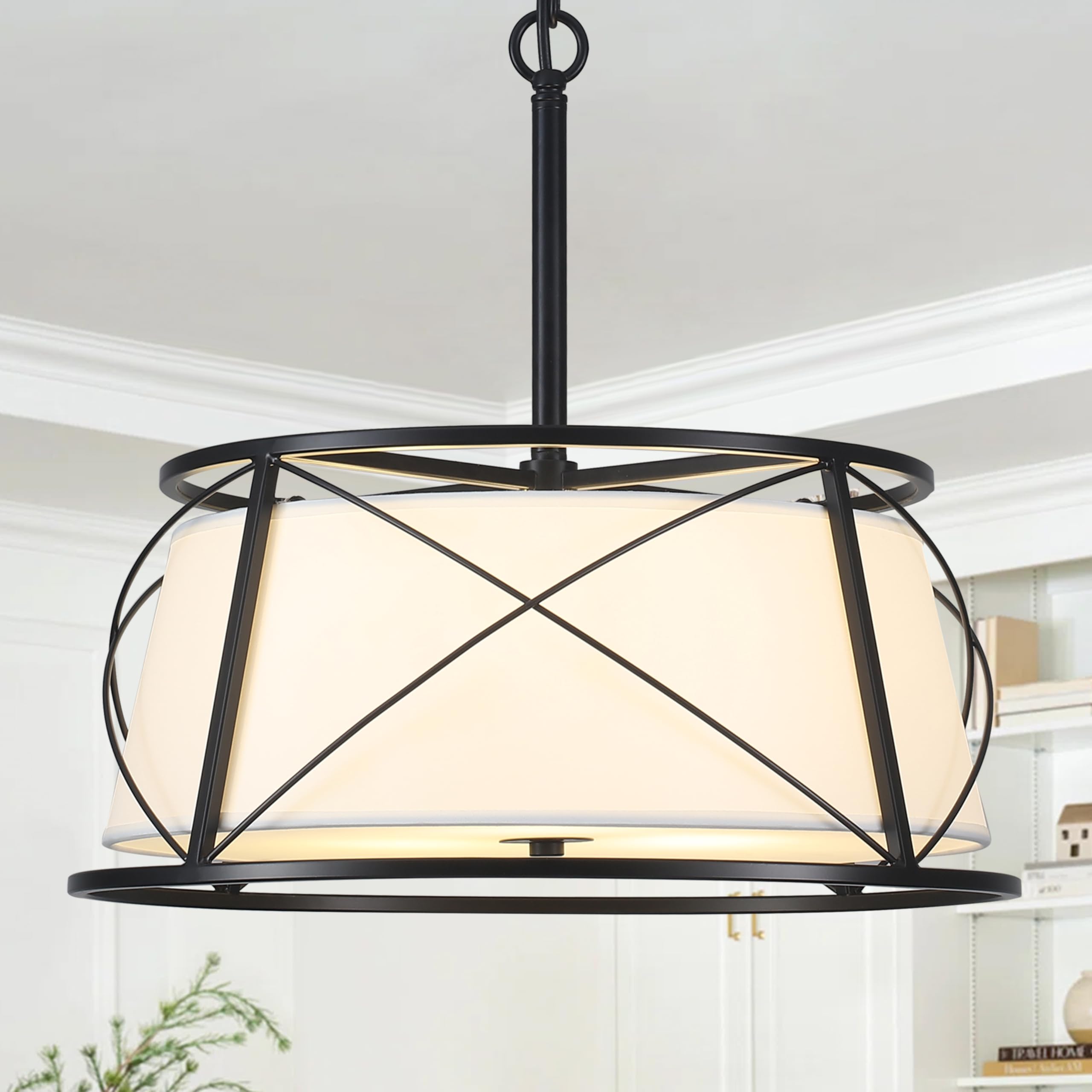 15.7" black drum chandelier,3-light modern farmhouse chandelier,white fabric drum shade pendant light fixture for dining room kitchen island bedroom entryway