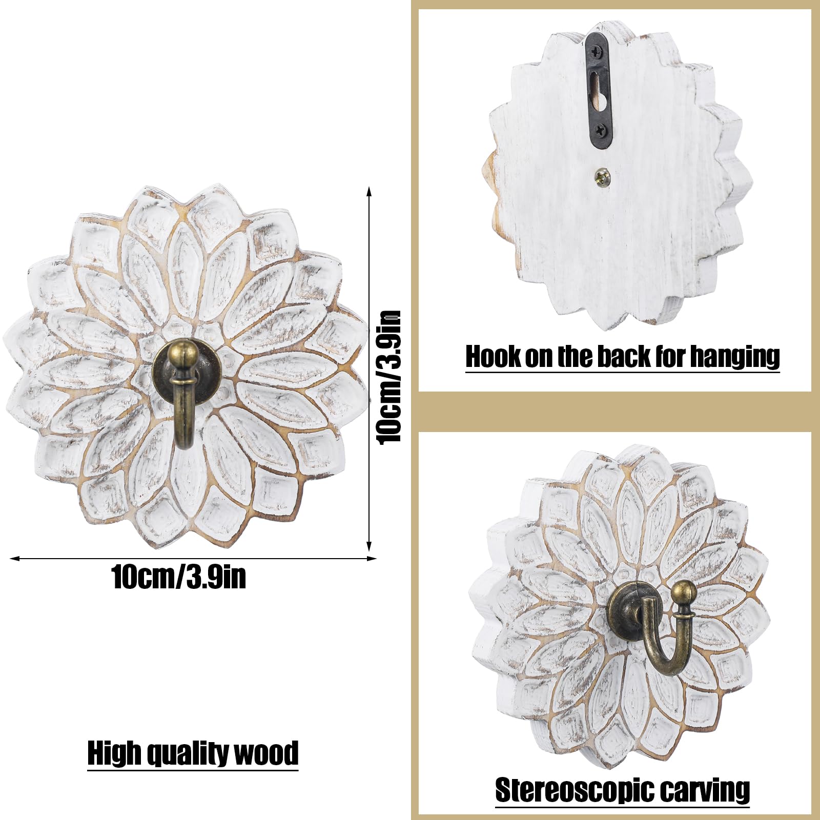 Weysat 3 ganchos de pared para abrigos de granja, ganchos decorativos blancos, ganchos decorativos de madera envejecida, ganchos de pared tallados, decoración de pared elegante, ganchos para colgar