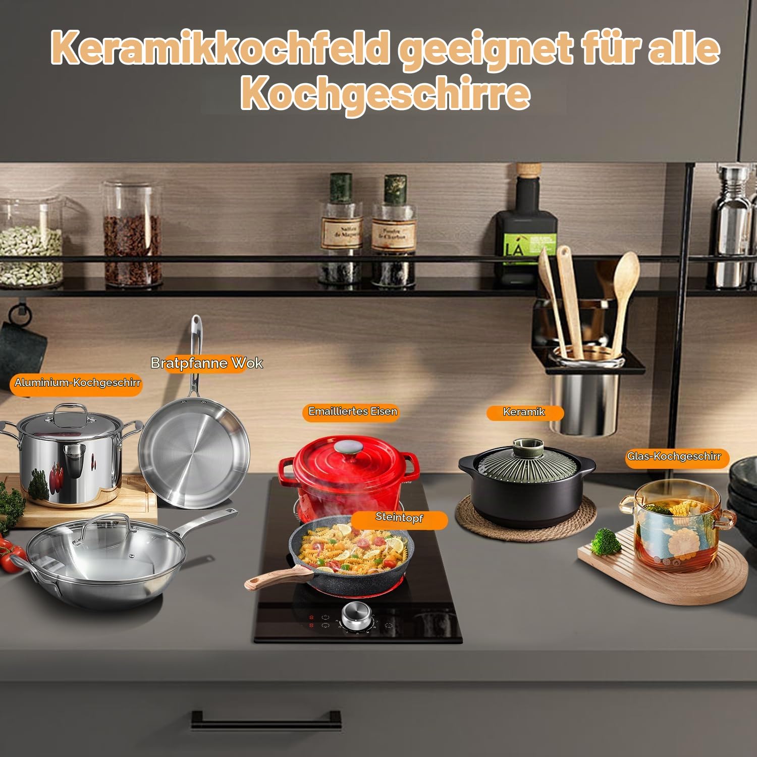 Glaskeramikkochfeld 2 Platten mit Stecker, Herdplatte 2 Kochfelder mit Knopf & Touch Control, 30CM Autarks Doppel Einbau Kochplatte, 9 Heizstufen, 2800W, 220-240V