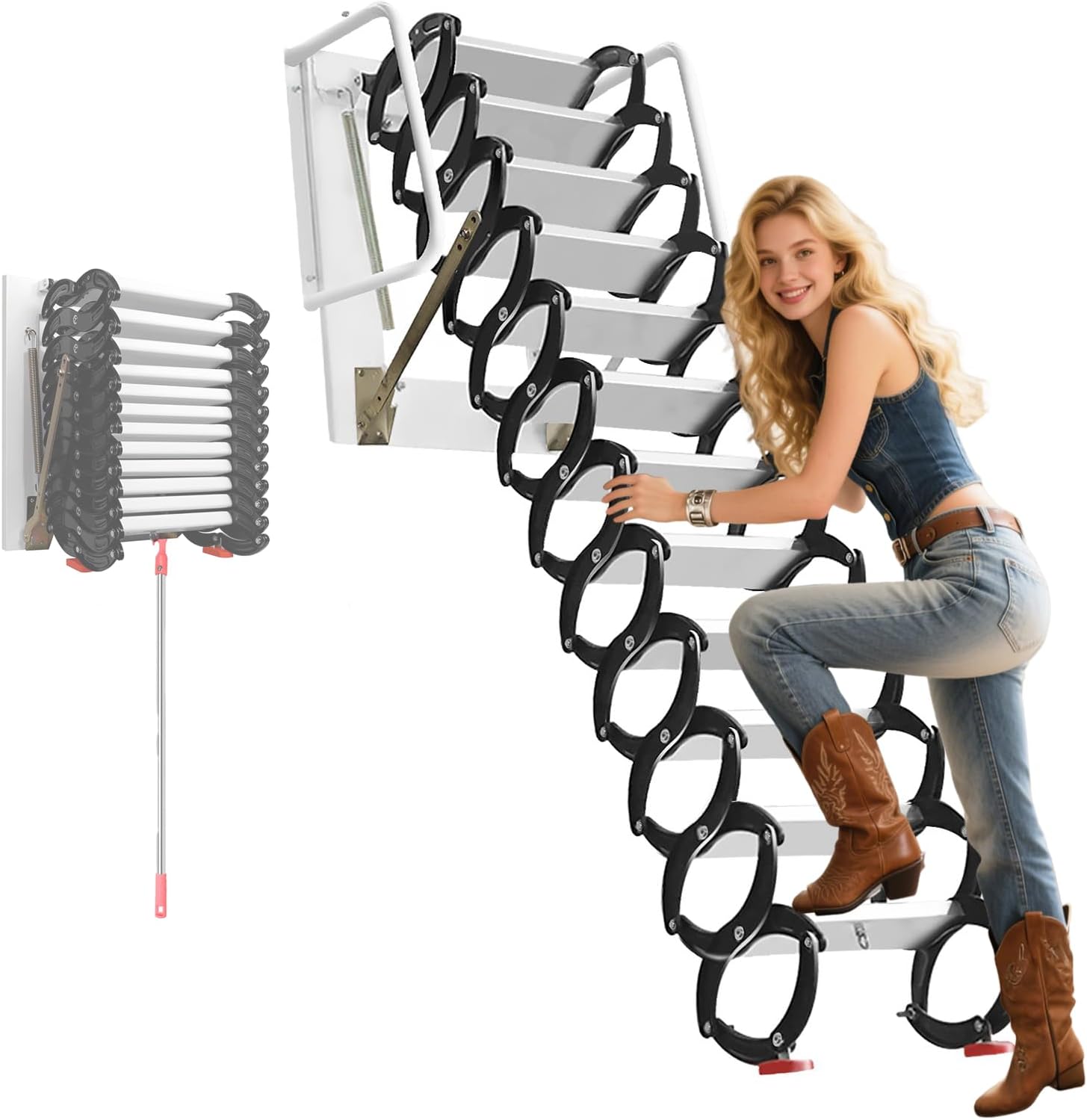 12 Step Wall-Mounted Attic Ladder, Attic Staircase with Handrail, Attic ...