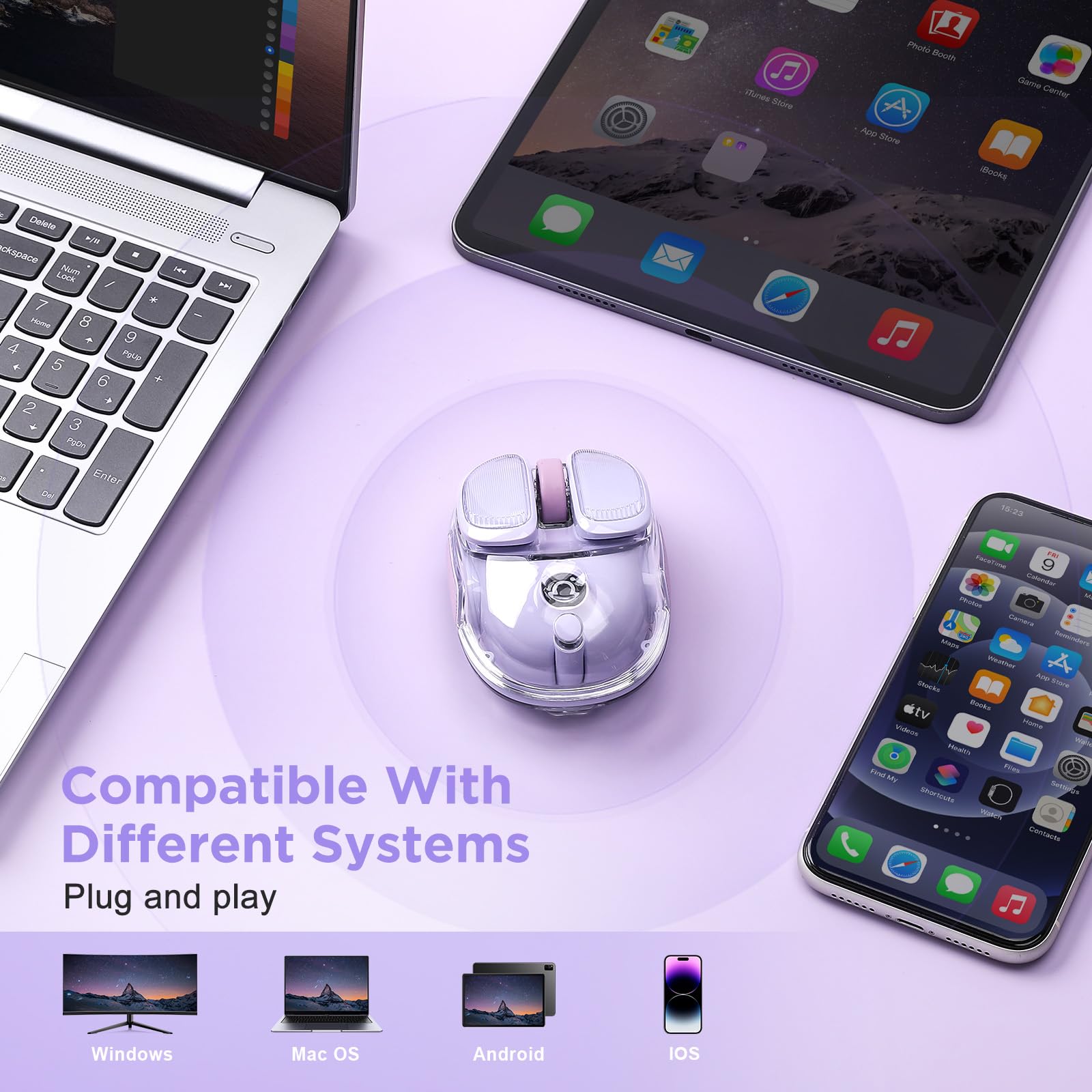 Q9 - Ratón inalámbrico portátil silencioso de 2,4 GHz/Bluetooth, modo dual, 4 DPI ajustables, 4800 DPI con iluminación RGB, compatible con Win/Mac/Android/iOS (morado)