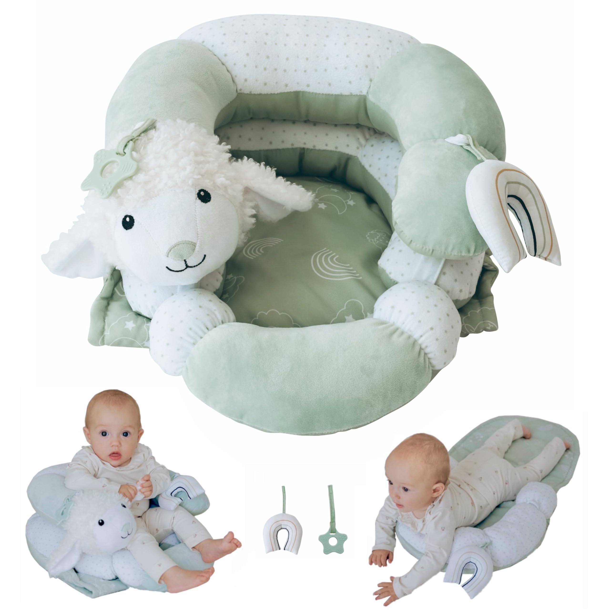 2 in 1 Tummy Time Mat and Seated Support Pillows - Newborns and Older Babies, Detachable Support Pillow and Two Toys, for Development of Strong Head and Neck (Sage)