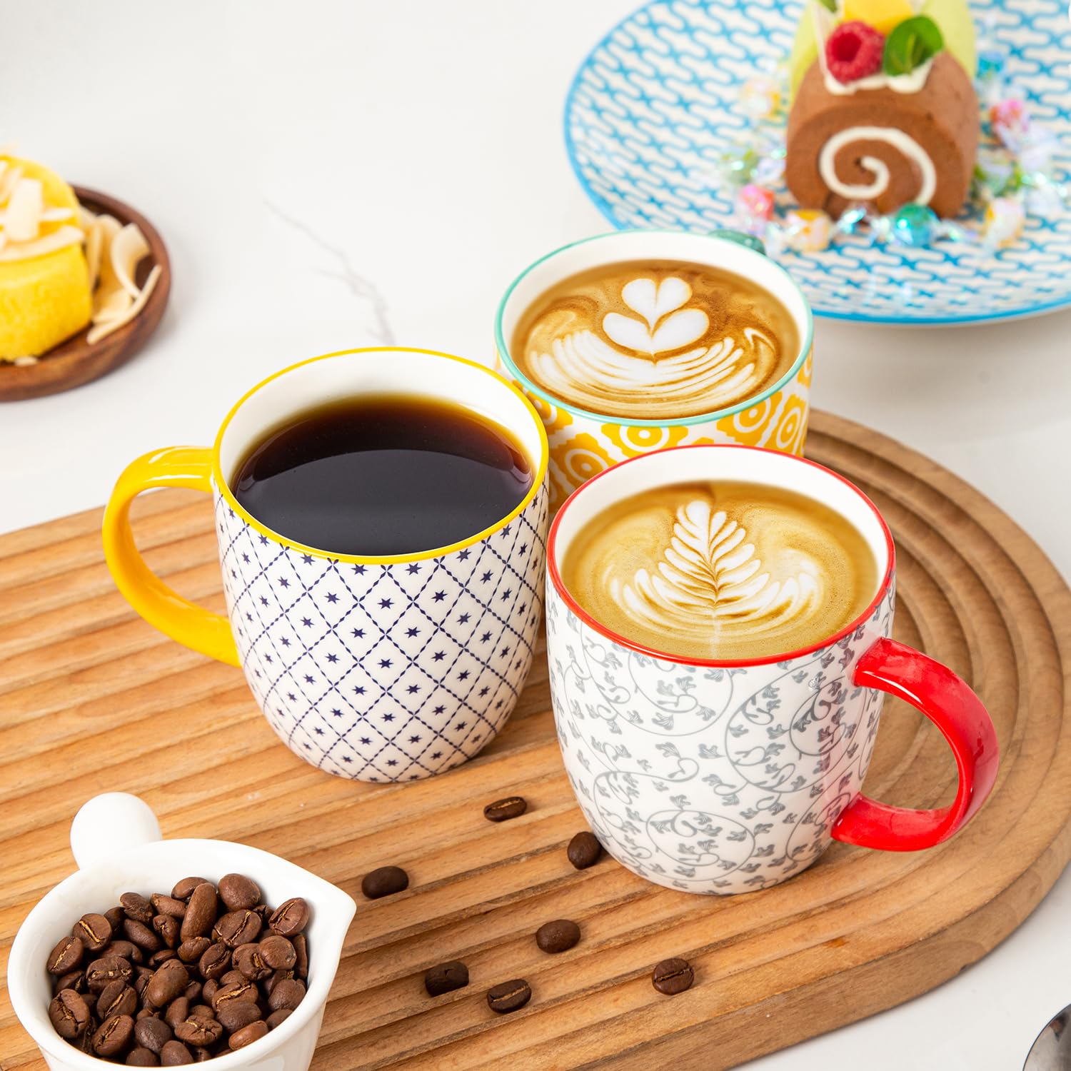 Keramik Kaffeebecher Set - 350 ml große Porzellan Teetassen mit Henkel für Cappuccino Latte Kakao Milch Tee - Weihnachten Housewarming Geschenk - Set von 6 - Bunt