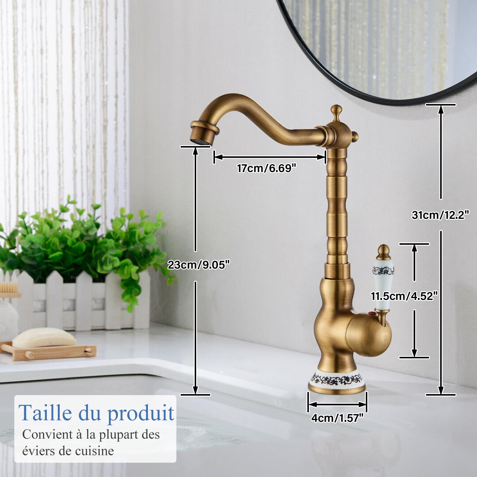 Robinet Mitigeur Cuisine Salle de Bains Cuivre Antique Levier Unique Bec Pivotant Style Rétro