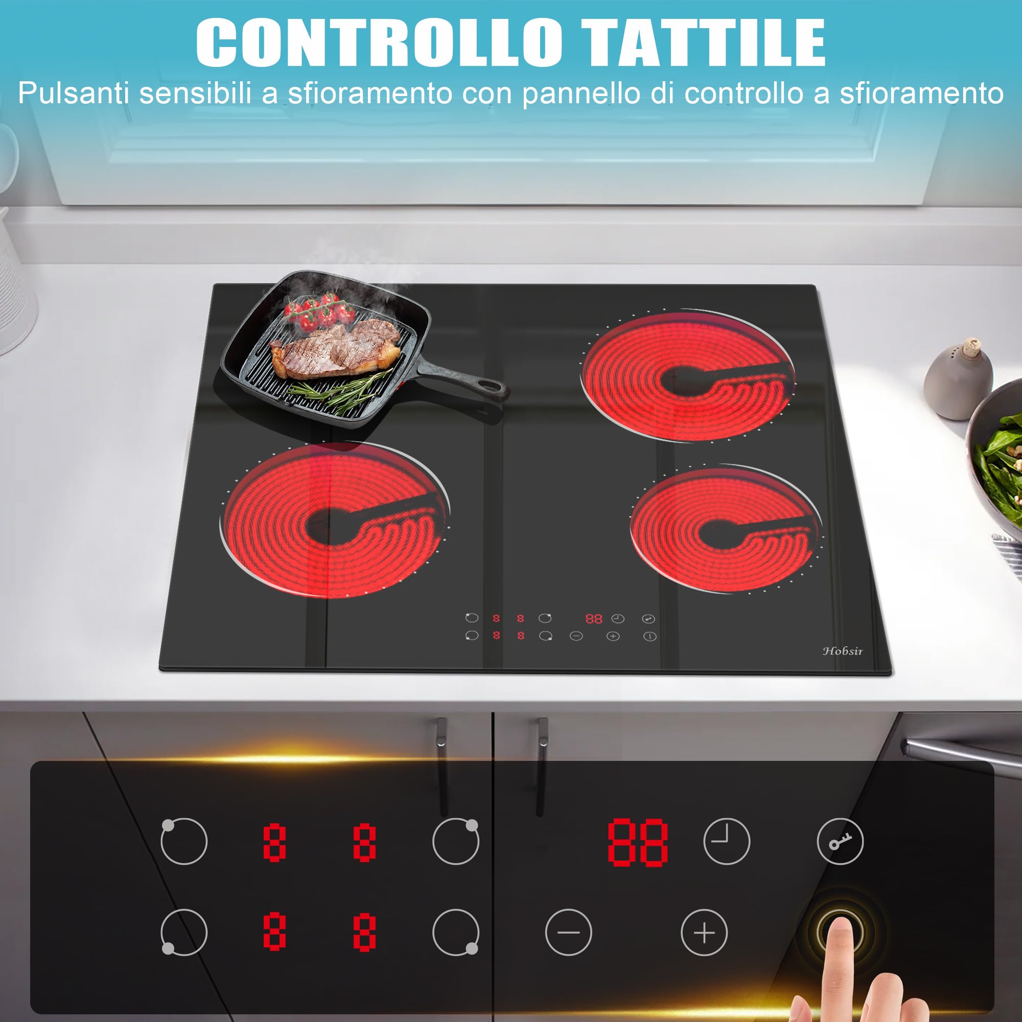 Hobsir Piano Cottura Vetroceramica 4 Fuochi, Piano Cottura Elettrico da incasso 60CM, Piastra Vetroceramica 6000W, 9 Livelli di Potenza, Blocco di Sicurezza, 220V