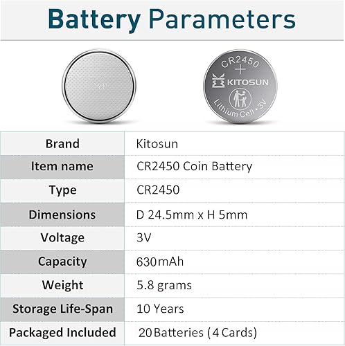 Miniatura 3 de KITOSUN Pilas CR2450 de litio de 3 V, 20 piezas de batería de litio de alta calidad para llavero de automóvil, velas de luz LED, monitor de glucosa,