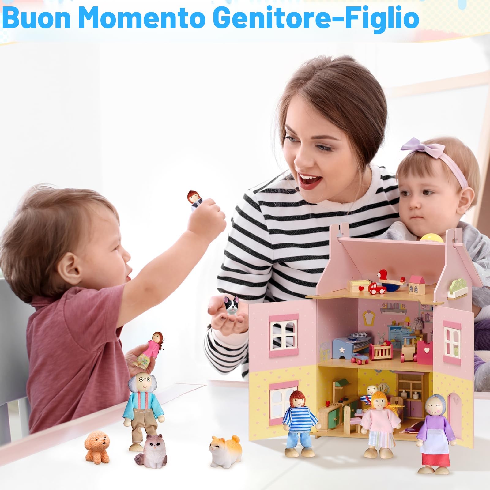 Ruikdly Casa Delle Bambole in Legno - Set Famiglia 12 Pezzi Con Gatto e Cane, Figure Pieghevoli - Accessori Regalo