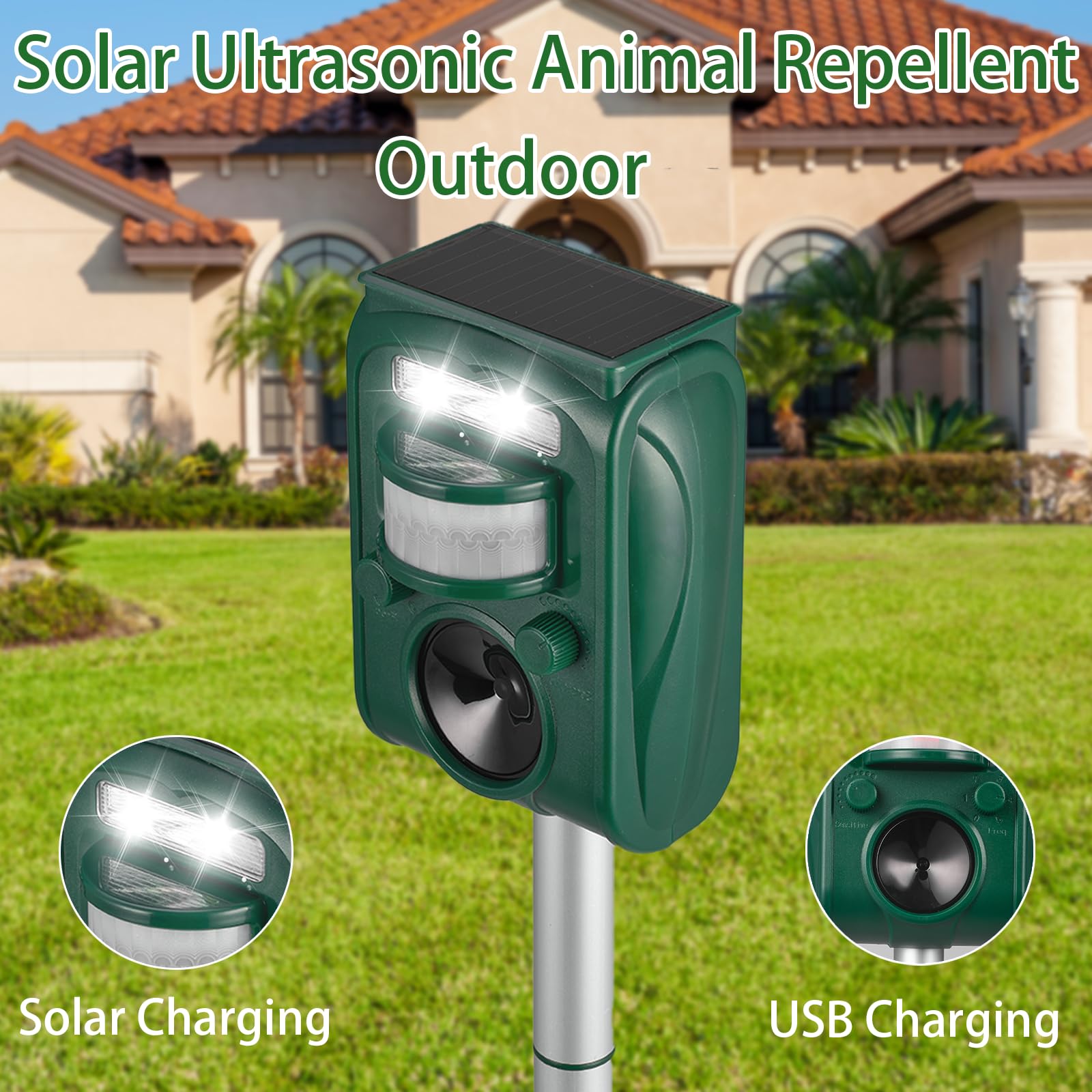 Repelente solar ultrasónico de animales al aire libre, dispositivos repelentes de ardillas y ciervos, detección de movimiento, IP65, impermeable, para gatos, ratones, mapaches, perros, pájaros