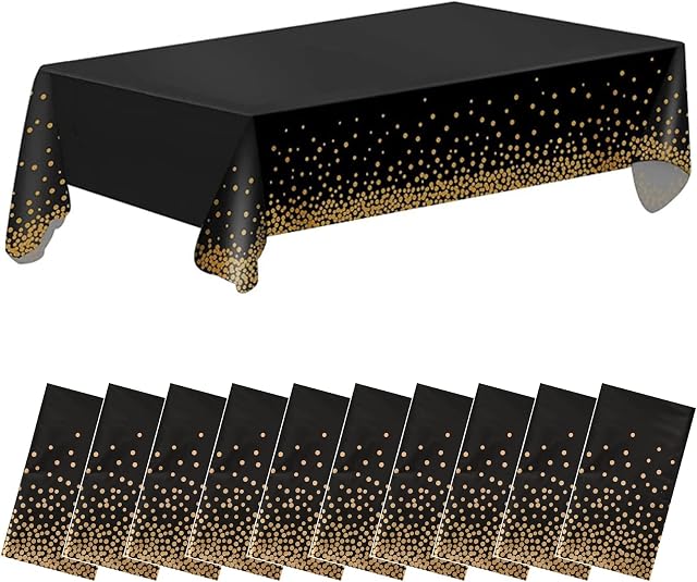 10 Pack Black Gold Dot Tablecloths Black and Gold Table Cover 137 x 274cm Plastic Rectangle Table Cover for Black and Gold Party Birthday Shower Anniversary Dining Table Decorations