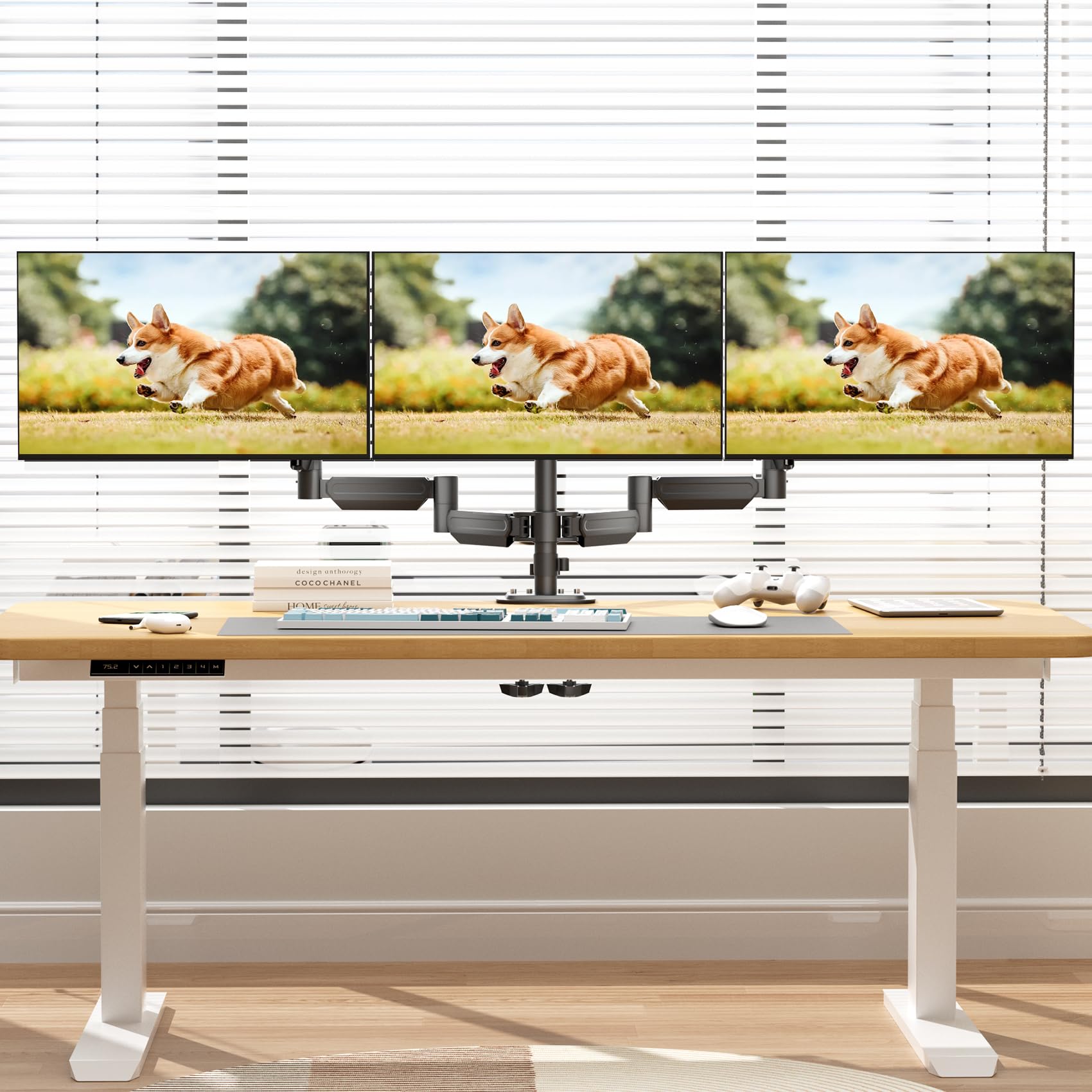 suptek Supporto per monitor triplo - 3 monitor con braccio per monitor a molla a gas adatto a tre schermi LCD piatti da 17 a 32" con morsetto, nero MD8003