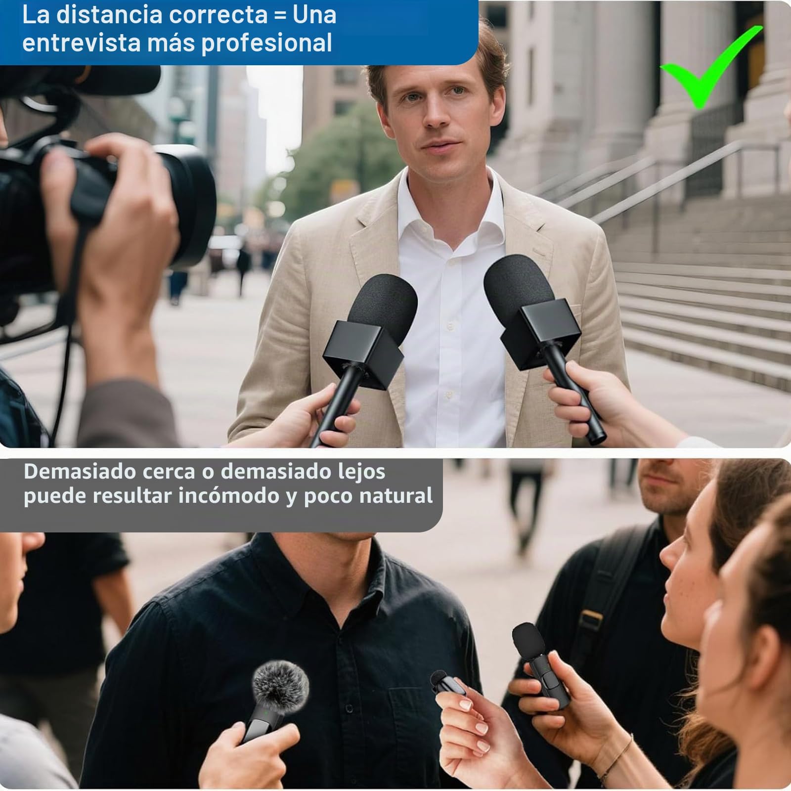 Soporte de Micrófono de Mano,Empuñadura Interview Antiviento Profesional para Vlogging, Streaming y Reportajes Exteriores – Compatibilidad Universal con Micrófonos de Solapa Inalámbricos