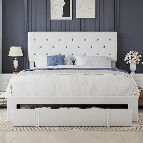 Miniatura 43 de VECELO Base de cama de tamaño individual, plataforma tapizada con cabecera ajustable de diamante, soporte de listones de madera, no necesita somier,