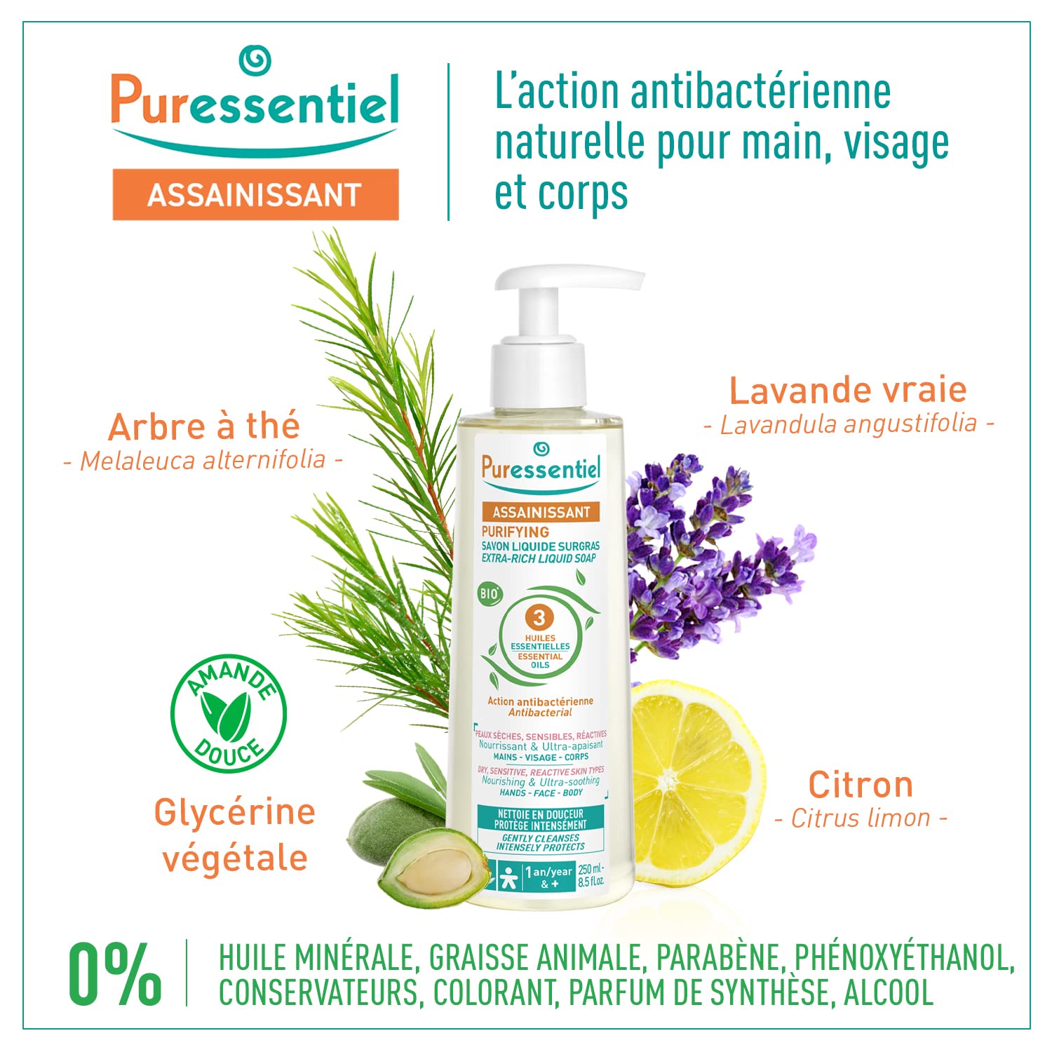 Puressentiel Savon Liquide Surgras aux 3 Huiles essentielles BIO - Antibactérien - Visage, Mains et Corps - Peaux Sèches, Sensibles et Réactives - Nettoie & Protège 250ml