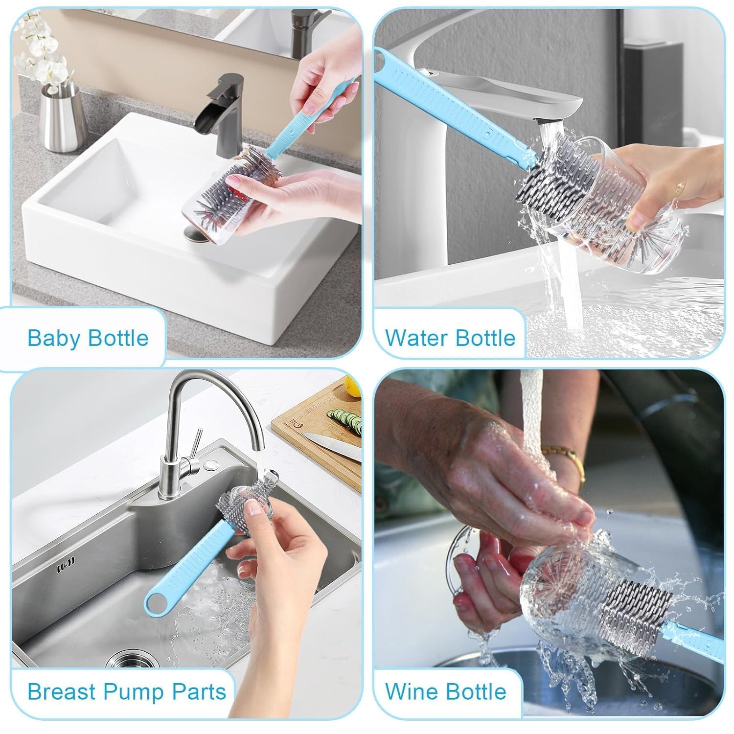 Parssufy Portable Baby Bottle Brush Kit Travel Feeding Bottle Cleaning Set Nursing Bottle Cleaner with Extendable Silicone Bottle Brush/Nipple Brush/Straw Brush/Drying Rack/Soap Dispenser/ (Blue) 3